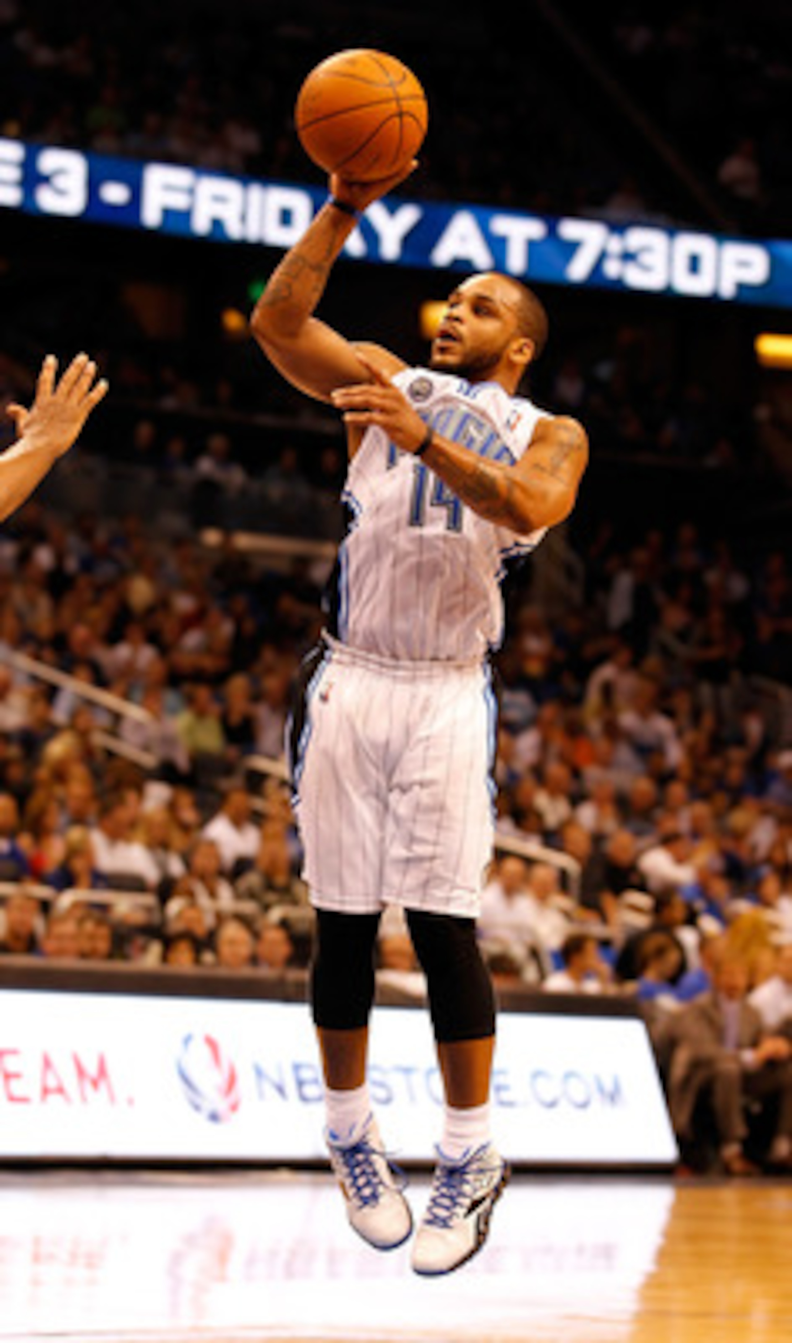 ORLANDO, FL - APRIL 19:  Jameer Nelson #14 of the Orlando Magic shoots against the Atlanta Hawks during Game Two of the Eastern Conference Quarterfinals of the 2011 NBA Playoffs on April 19, 2011 at the Amway Arena in Orlando, Florida.  NOTE TO USER: User