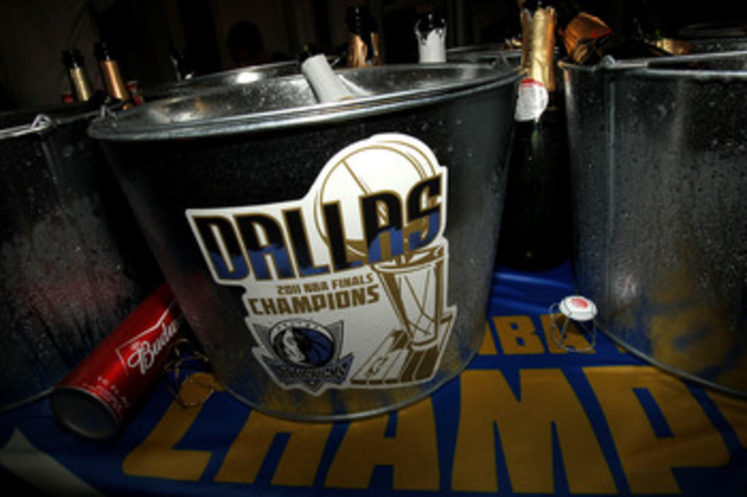 MIAMI, FL - JUNE 12:  A detail of a champagne bucket in the Dallas Mavericks locker room after the Mavericks won 105-95 against the Miami Heat in Game Six of the 2011 NBA Finals at American Airlines Arena on June 12, 2011 in Miami, Florida. NOTE TO USER: