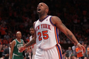 NEW YORK, NY - APRIL 24:  Anthony Carter #25 of the New York Knicks reacts against the Boston Celtics in Game Four of the Eastern Conference Quarterfinals during the 2011 NBA Playoffs on April 24, 2011 at Madison Square Garden in New York City. NOTE TO US