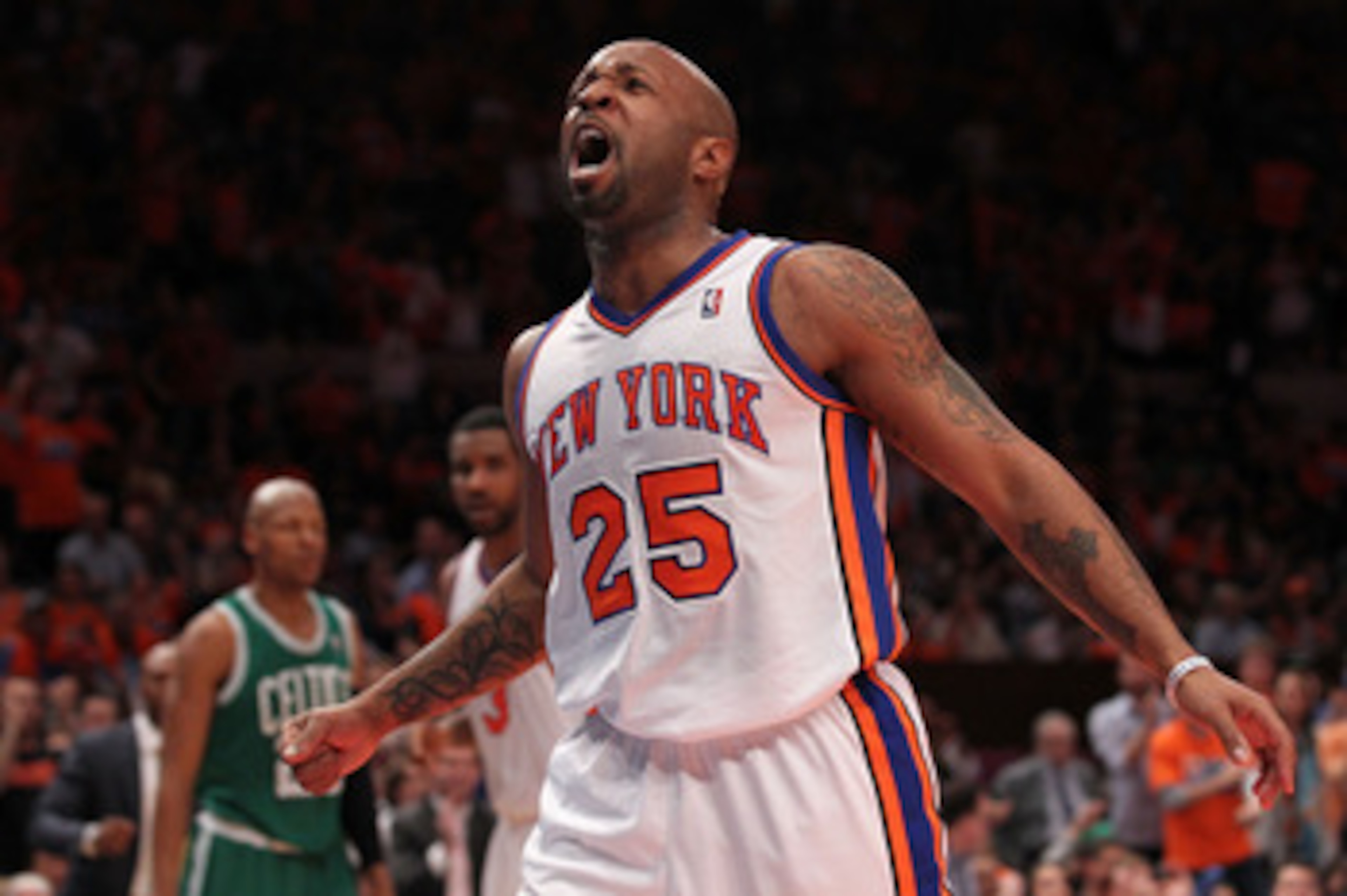 NEW YORK, NY - APRIL 24: Anthony Carter #25 of the New York Knicks reacts against the Boston Celtics in Game Four of the Eastern Conference Quarterfinals during the 2011 NBA Playoffs on April 24, 2011 at Madison Square Garden in New York City. NOTE TO US NEW YORK, NY - APRIL 24: Anthony Carter #25 of the New York Knicks reacts against the Boston Celtics in Game Four of the Eastern Conference Quarterfinals during the 2011 NBA Playoffs on April 24, 2011 at Madison Square Garden in New York City. NOTE TO US