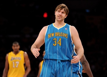 LOS ANGELES, CA - APRIL 26:  Aaron Gray #34 of the New Orleans Hornets reacts in the first quarter while taking on the Los Angeles Lakers in Game Five of the Western Conference Quarterfinals in the 2011 NBA Playoffs on April 26, 2011 at Staples Center in