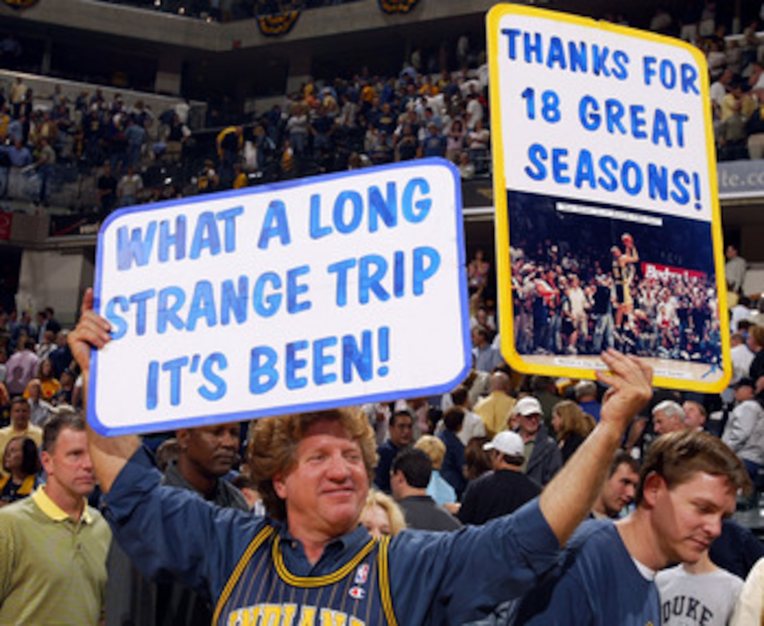 INDIANAPOLIS - MAY 19:  A fan salutes Reggie Miller of the Indiana Pacers after Miller's final NBA game with the Pacers in Game six of the Eastern Conference Semifinals during the 2005 NBA Playoffs on May 19, 2005 at Conseco Fieldhouse in Indianapolis,  I