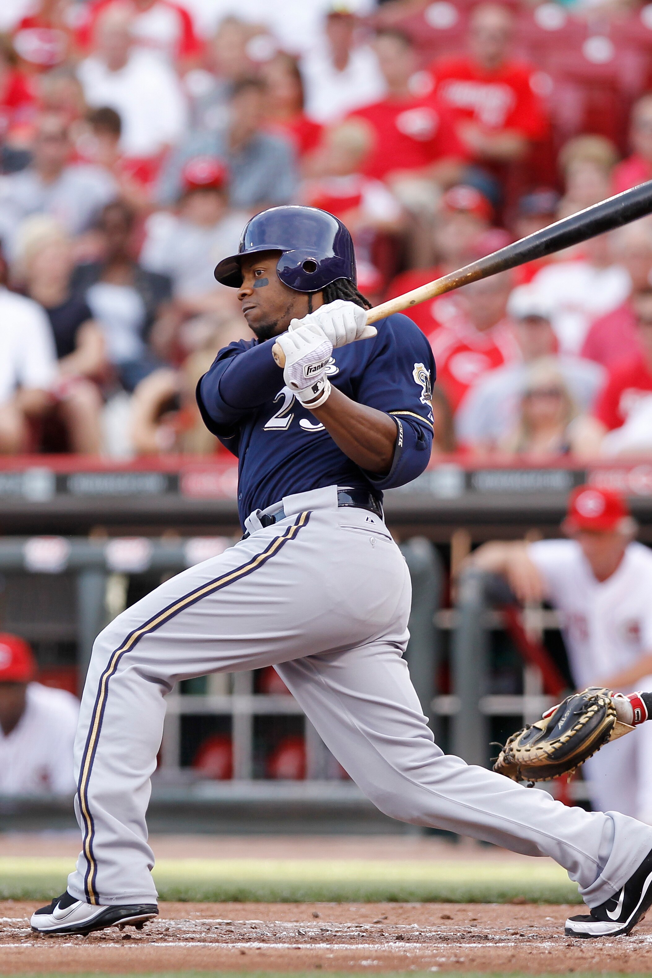 CINCINNATI, OH - JUNE 1: Rickie Weeks #23 of the Milwaukee Brewers bats against the Cincinnati Reds at Great American Ball Park on June 1, 2011 in Cincinnati, Ohio. (Photo by Joe Robbins/Getty Images)
