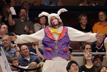 PHILADELPHIA, PA - APRIL 24:  A Philadelphia 76ers fan dresseed up as a rabbit cheers during a timeout in Game Four of the Eastern Conference Quarterfinals in the 2011 NBA Playoffs at Wells Fargo Center on April 24, 2011 in Philadelphia, Pennsylvania. NOT