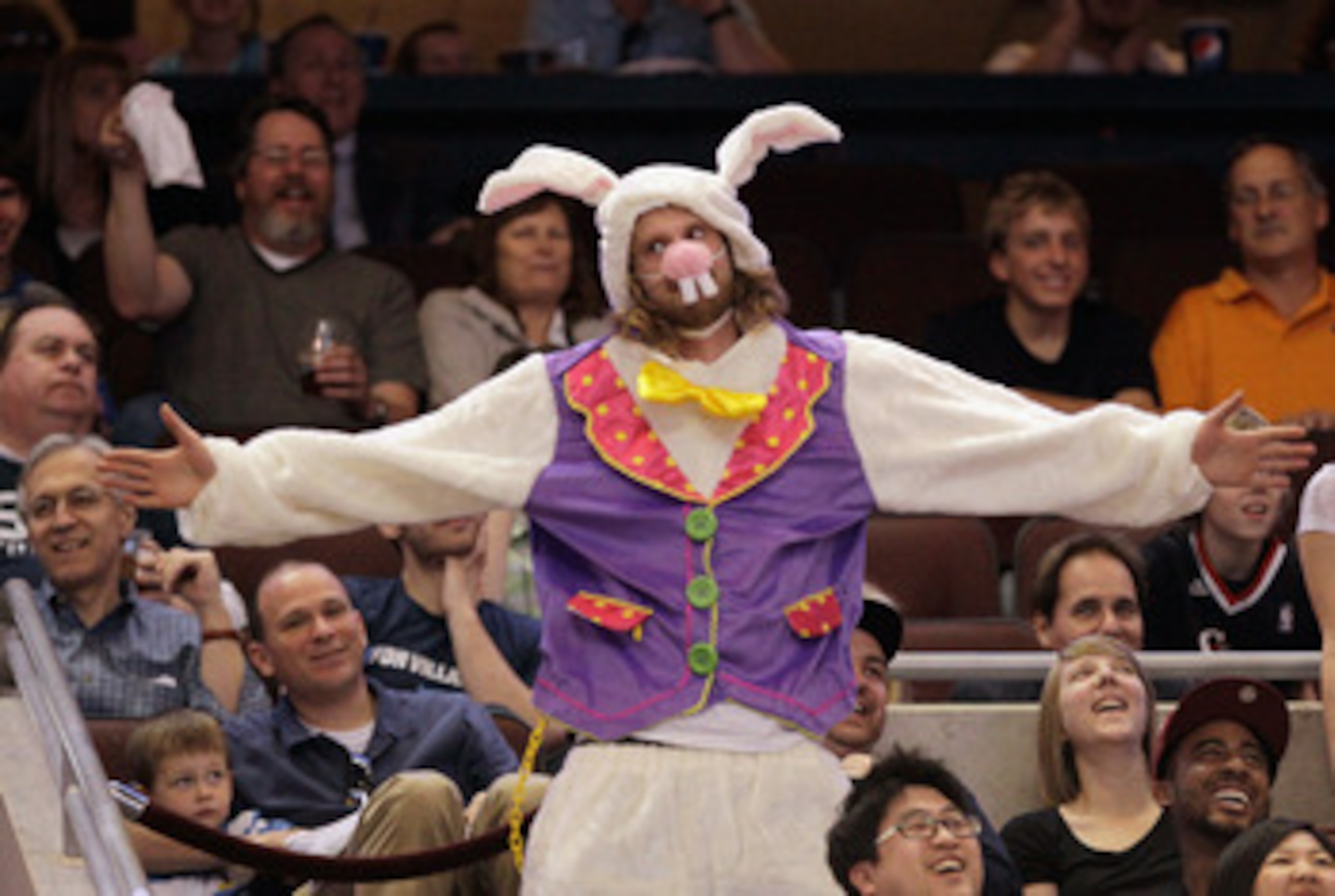 PHILADELPHIA, PA - APRIL 24:  A Philadelphia 76ers fan dresseed up as a rabbit cheers during a timeout in Game Four of the Eastern Conference Quarterfinals in the 2011 NBA Playoffs at Wells Fargo Center on April 24, 2011 in Philadelphia, Pennsylvania. NOT