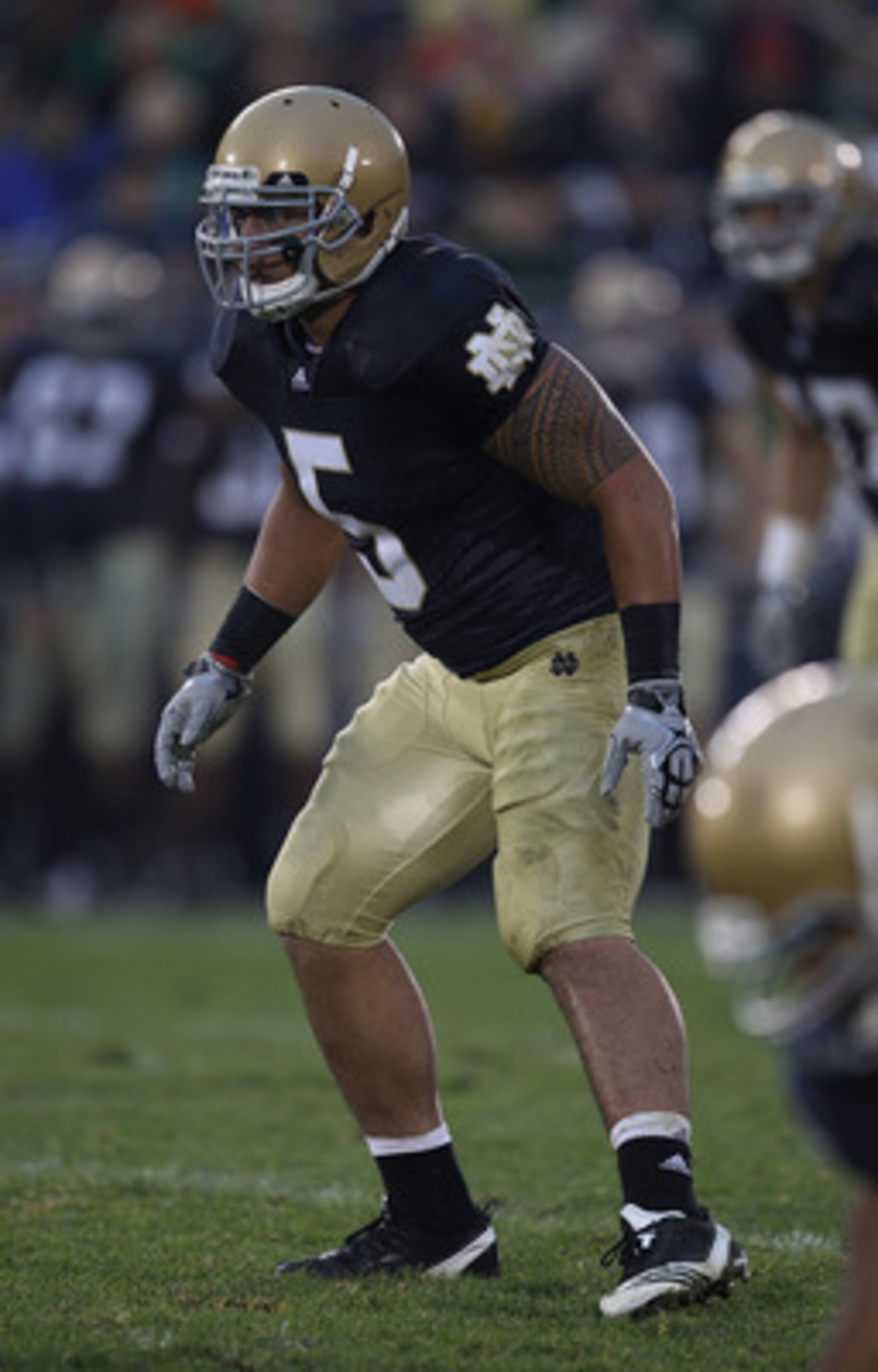 SOUTH BEND, IN - SEPTEMBER 11: Manti Te'o #5 of the Notre Dame Fighting Irish awaits the start of play against the Michigan Wolverines at Notre Dame Stadium on September 11, 2010 in South Bend, Indiana. Michigan defeated Notre Dame 28-24. (Photo by Jonath