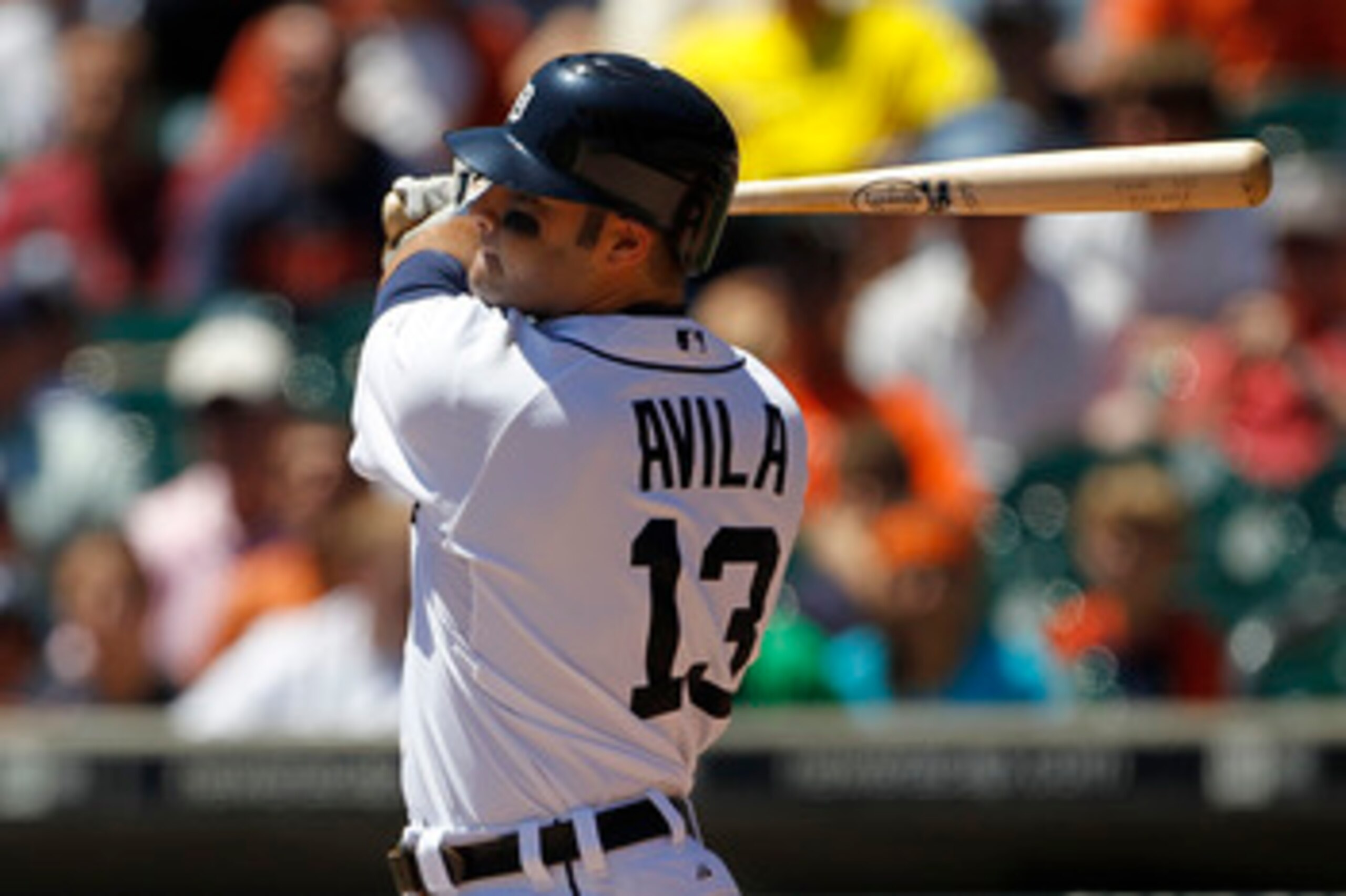 DETROIT - JUNE 17: Alex Avila #13 of the Detroit Tigers doubles to left center field in the second inning scoring Brandon Inge and Carlos Guillen to give the Tigers a 2-0 lead over the Washington Nationals on June 17, 2010 at Comerica Park in Detroit, Mic