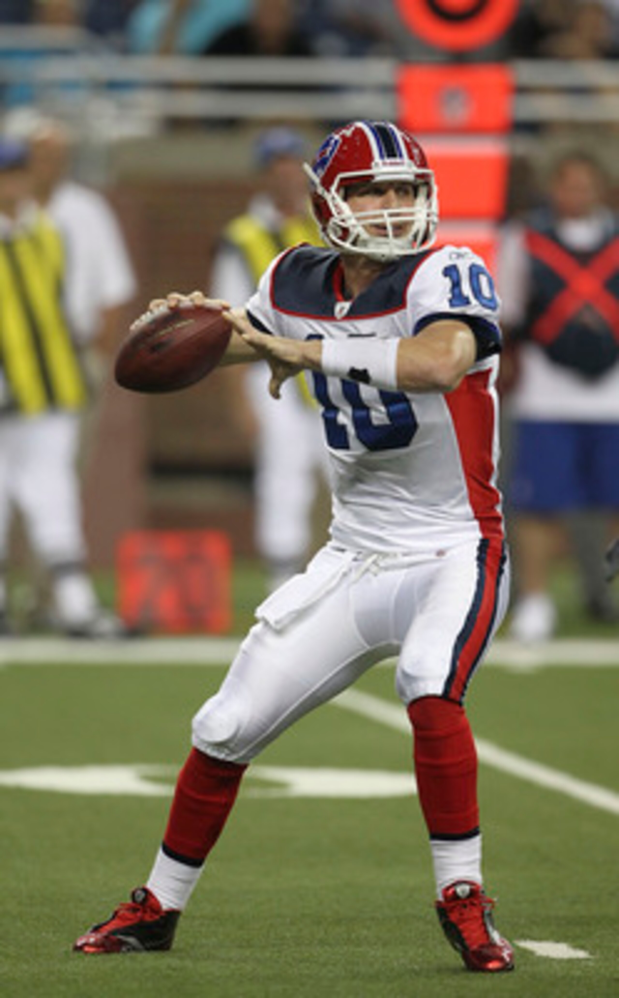 DETROIT - SEPTEMBER 02: Levi Brown #10 of the Buffalo Bills drops back to pass during the fouth of the preseason game at Ford Field on September 2, 2010 in Detroit, Michigan. The Lions defeated the Bills 28-23.  (Photo by Leon Halip/Getty Images)