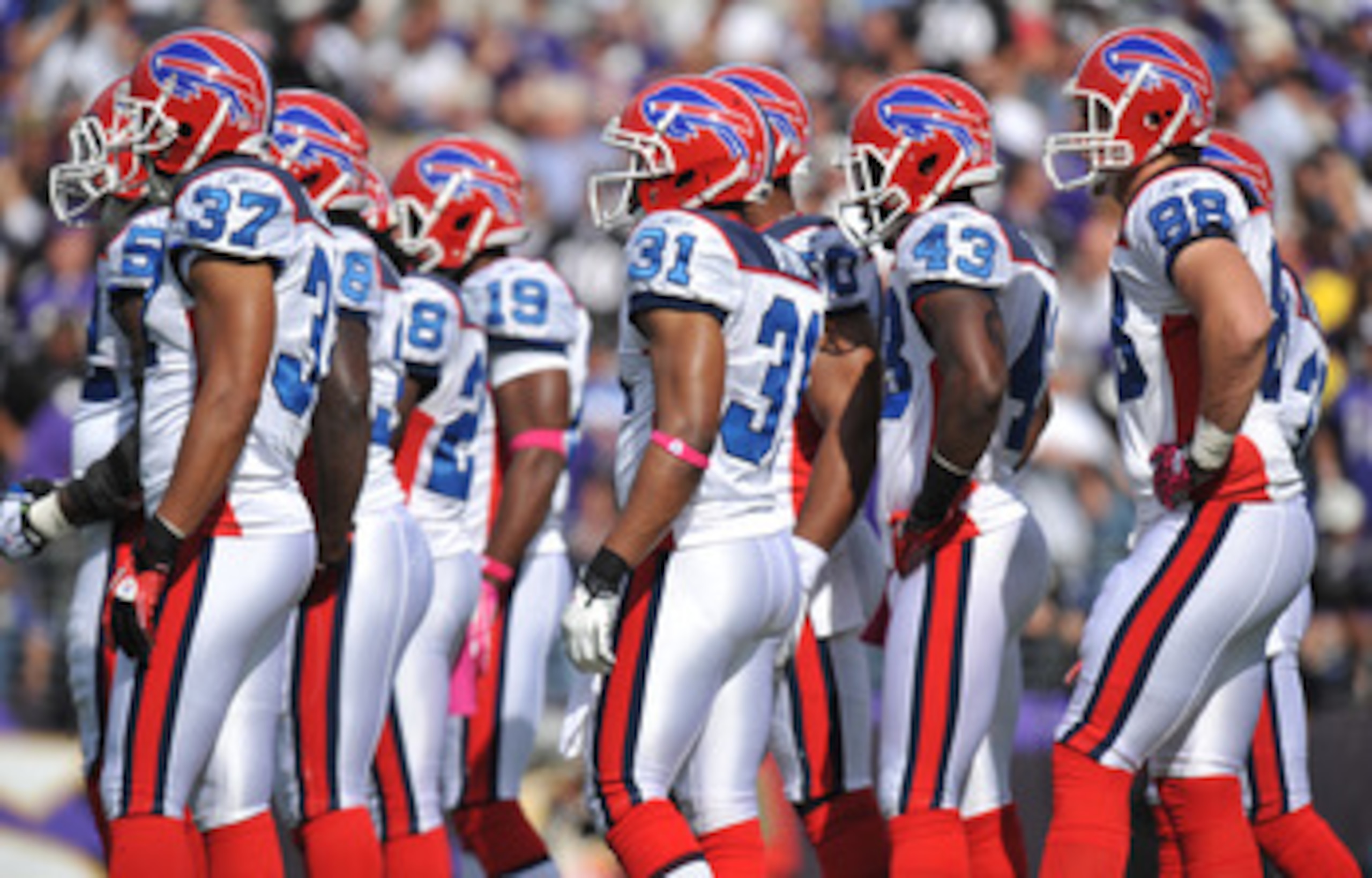 BALTIMORE, MD - OCTOBER 24: The Buffalo Bills kickoff team huddles before the kick against the Baltimore Ravens at M&T Bank Stadium on October 24, 2010 in Baltimore, Maryland. The Ravens defeated the Bills 37-34. (Photo by Larry French/Getty Images) BALTIMORE, MD - OCTOBER 24: The Buffalo Bills kickoff team huddles before the kick against the Baltimore Ravens at M&T Bank Stadium on October 24, 2010 in Baltimore, Maryland. The Ravens defeated the Bills 37-34. (Photo by Larry French/Getty Images)