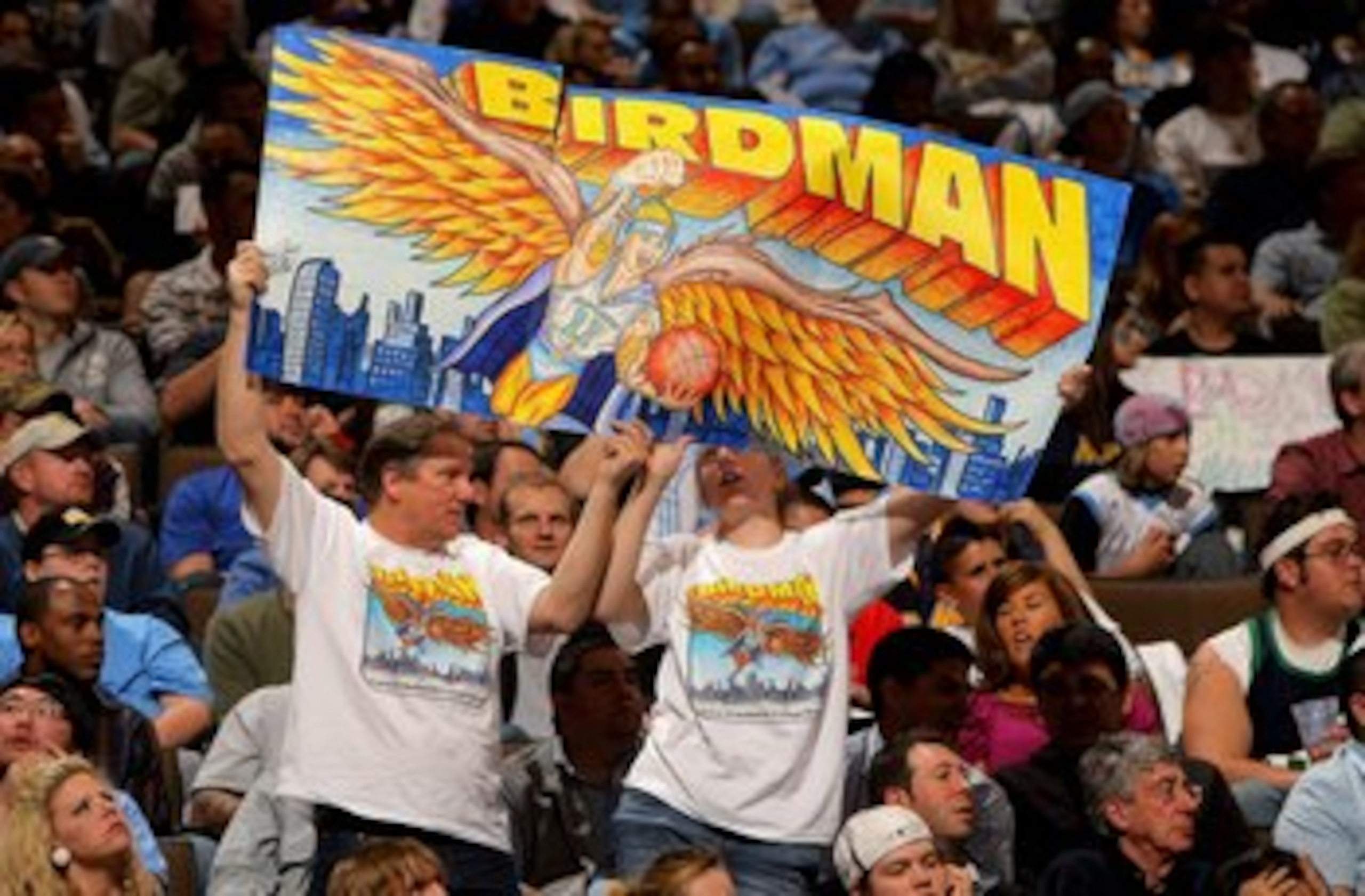 DENVER - APRIL 19:  Fans hold up a sign in support of 'The Birdman', Chris Andersen #11 of the Denver Nuggets as they face the New Orleans Hornets defends in Game One of the Western Conference Quarterfinals during the 2009 NBA Playoffs at Pepsi Center on