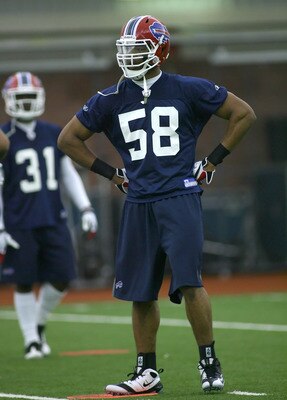 ORCHARD PARK, NY - MAY 01: Aaron Maybin #58, 2009 first round draft pick of the Buffalo Bills waits in between plays during Buffalo Bills minicamp at the Buffalo Bills Fieldhouse on May 1, 2009 in Orchard Park, New York.  (Photo by Rick Stewart/Getty Imag