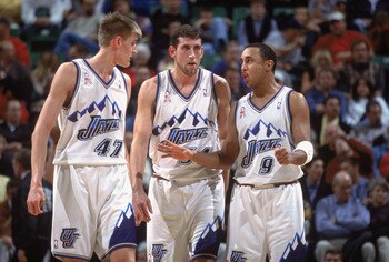 26 Nov 2001:  John Starks #9 of the Utah Jazz walks with teammates Scott Padgett #34 and Andrei Kirilenko #47 during the game against the Phoenix Suns at the Delta Center in Salt Lake City, Utah. The Suns defeated the Jazz 111-104. NOTE TO USER: User expr
