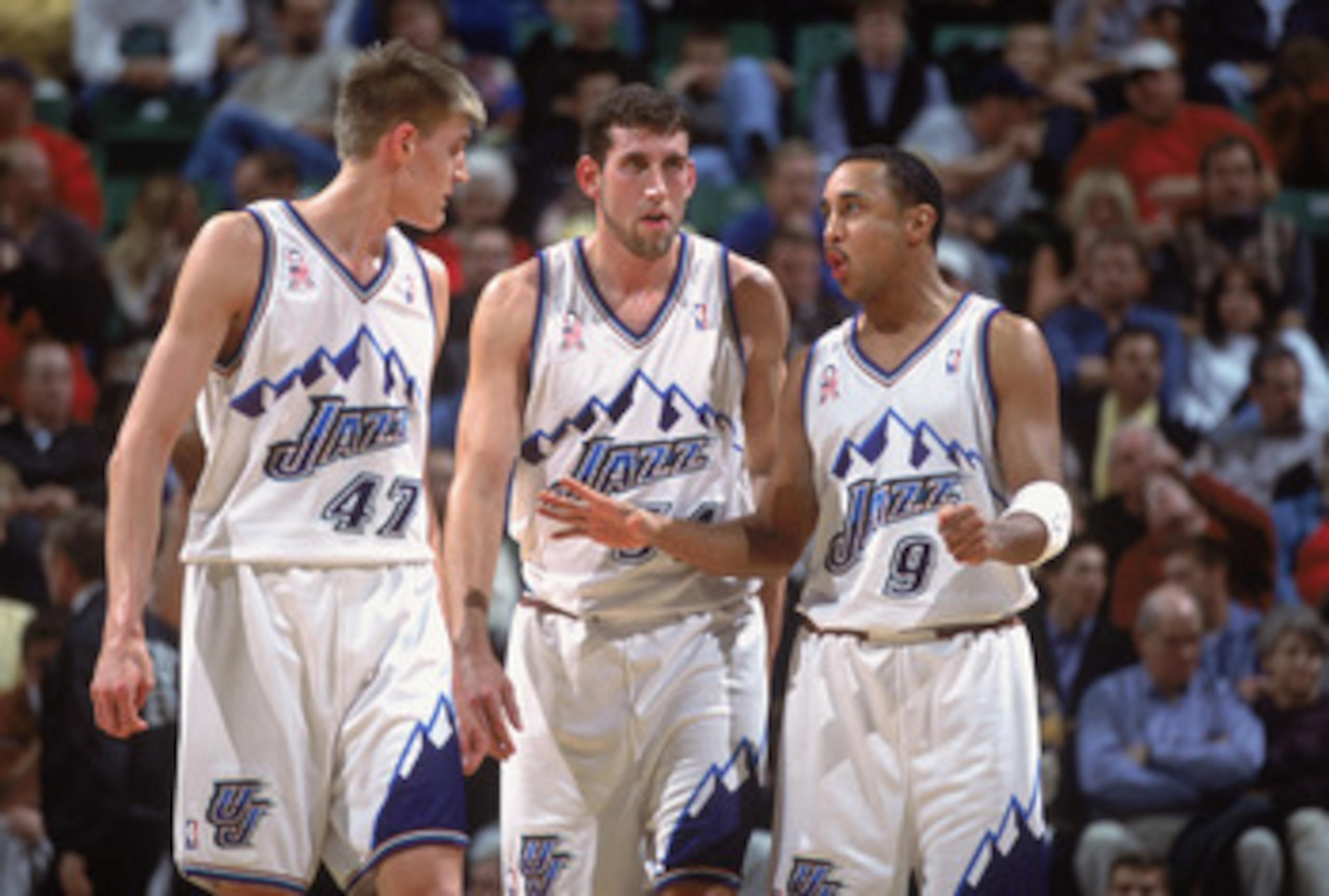 26 Nov 2001:  John Starks #9 of the Utah Jazz walks with teammates Scott Padgett #34 and Andrei Kirilenko #47 during the game against the Phoenix Suns at the Delta Center in Salt Lake City, Utah. The Suns defeated the Jazz 111-104. NOTE TO USER: User expr