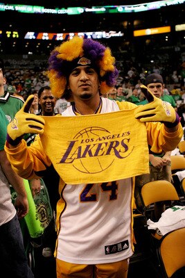 BOSTON - JUNE 05:  A Los Angeles Laker fan attends Game One of the 2008 NBA Finals between the Lakes and the Boston Celtics on June 5, 2008 at TD Banknorth Garden in Boston, Massachusetts. NOTE TO USER: User expressly acknowledges and agrees that, by down