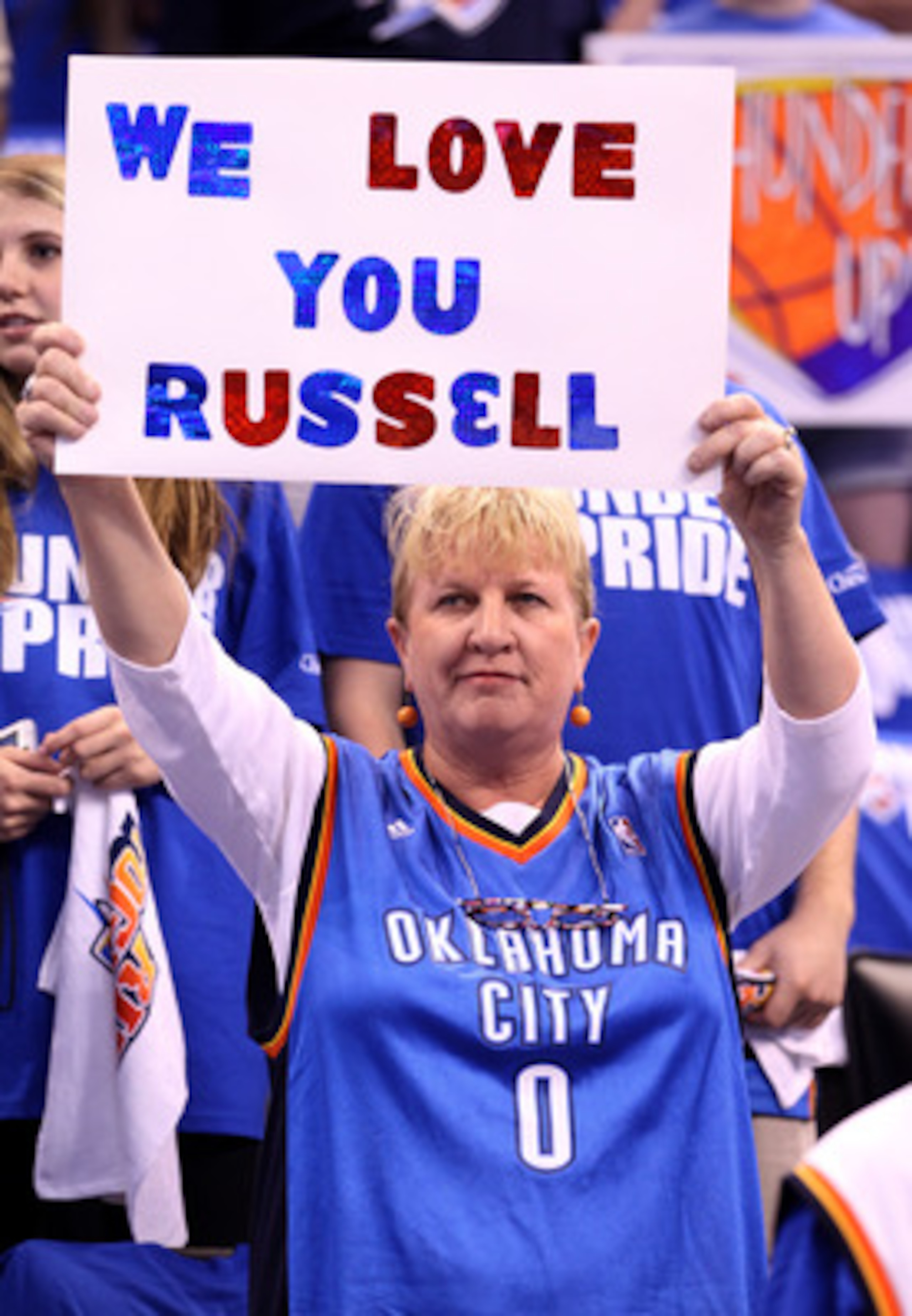 OKLAHOMA CITY, OK - MAY 21:  An Oklahoma City Thunder fan holds up a sign before the Thunder take on the Dallas Mavericks in Game Three of the Western Conference Finals during the 2011 NBA Playoffs at Oklahoma City Arena on May 21, 2011 in Oklahoma City,