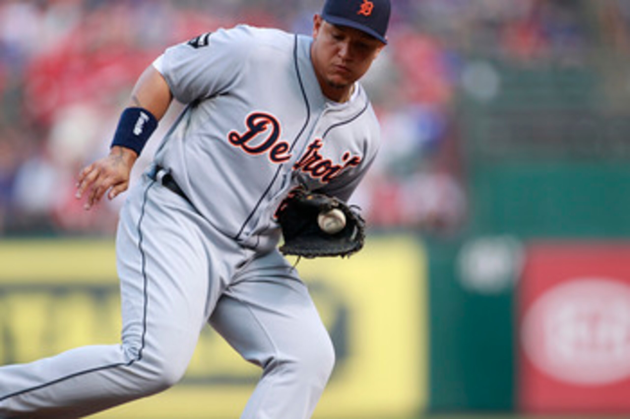 ARLINGTON, TX - JUNE 07: Miguel Cabrera #24 of the Detroit Tigers catches a line drive during the game against the Texas Rangers at Rangers Ballpark in Arlington on June 7, 2011 in Arlington, Texas.  (Photo by Rick Yeatts/Getty Images)