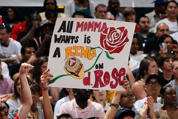 ATLANTA, GA - MAY 08:  A Chicago Bulls fan holds up a sign for Derrick Rose #1 against the Atlanta Hawks in Game Four of the Eastern Conference Semifinals in the 2011 NBA Playoffs at Phillips Arena on May 8, 2011 in Atlanta, Georgia.  NOTE TO USER: User e