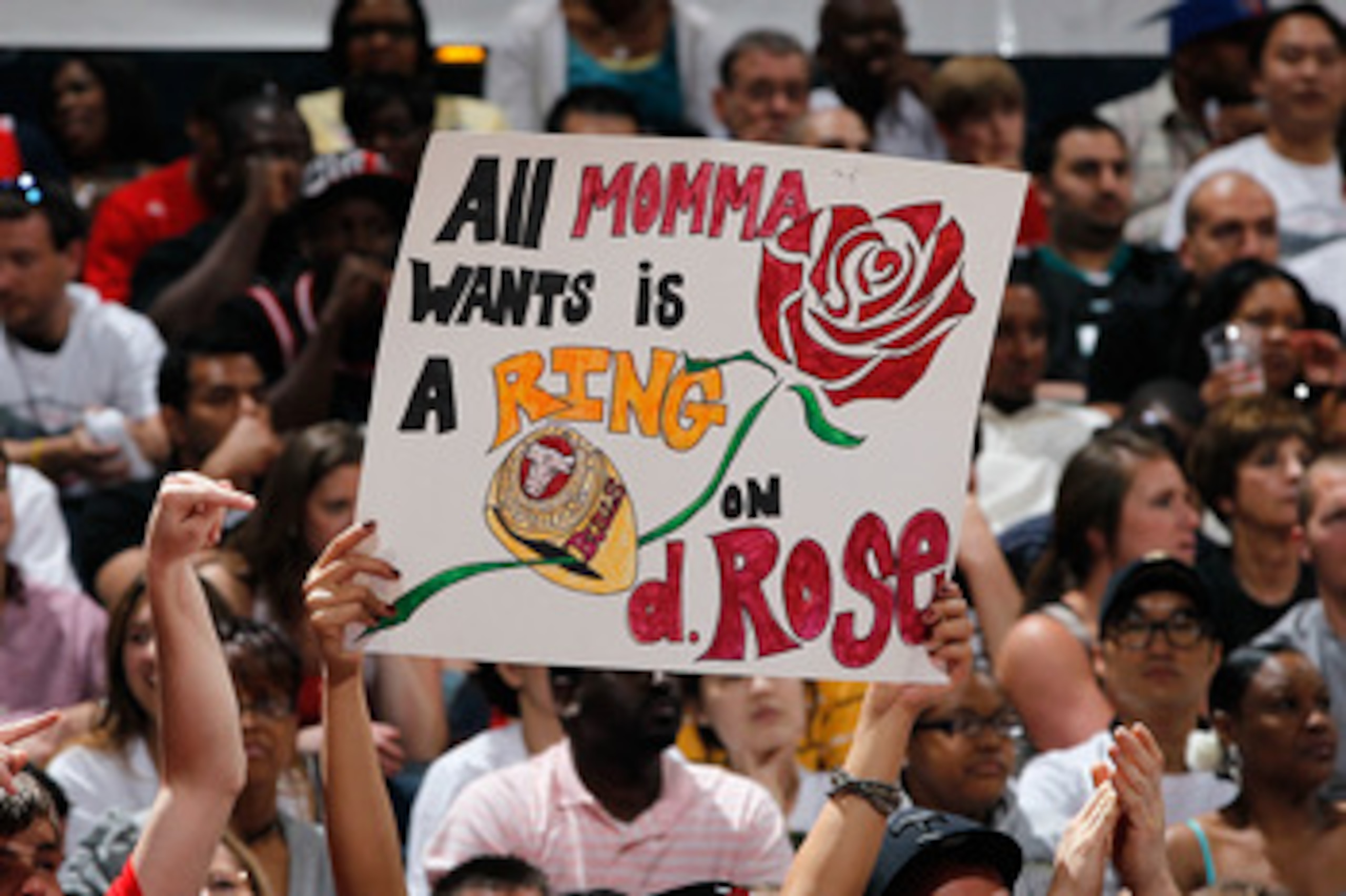 ATLANTA, GA - MAY 08:  A Chicago Bulls fan holds up a sign for Derrick Rose #1 against the Atlanta Hawks in Game Four of the Eastern Conference Semifinals in the 2011 NBA Playoffs at Phillips Arena on May 8, 2011 in Atlanta, Georgia.  NOTE TO USER: User e