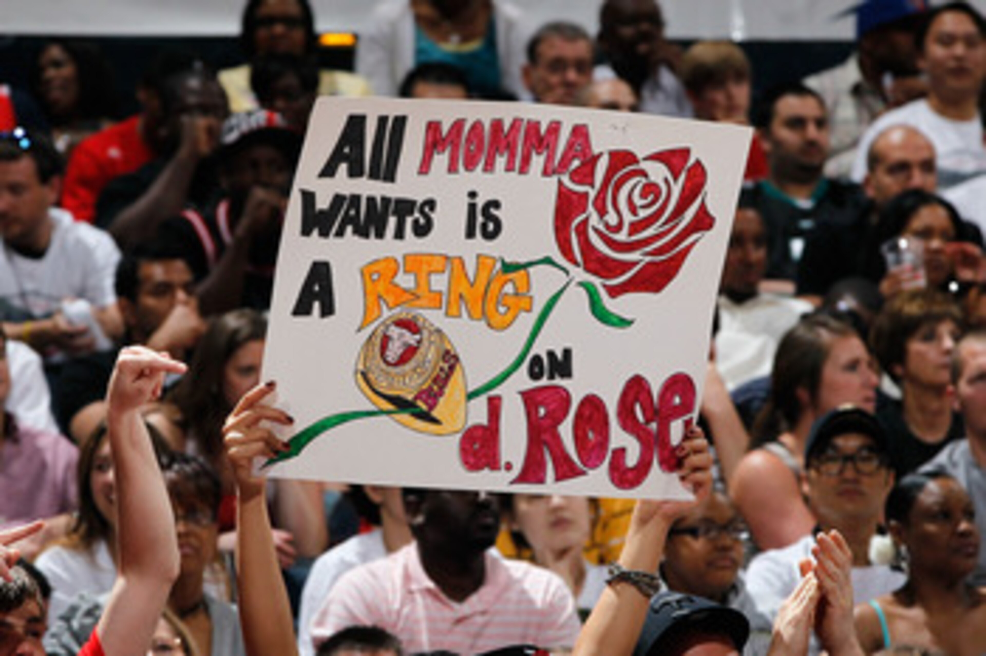 ATLANTA, GA - MAY 08:  A Chicago Bulls fan holds up a sign for Derrick Rose #1 against the Atlanta Hawks in Game Four of the Eastern Conference Semifinals in the 2011 NBA Playoffs at Phillips Arena on May 8, 2011 in Atlanta, Georgia.  NOTE TO USER: User e