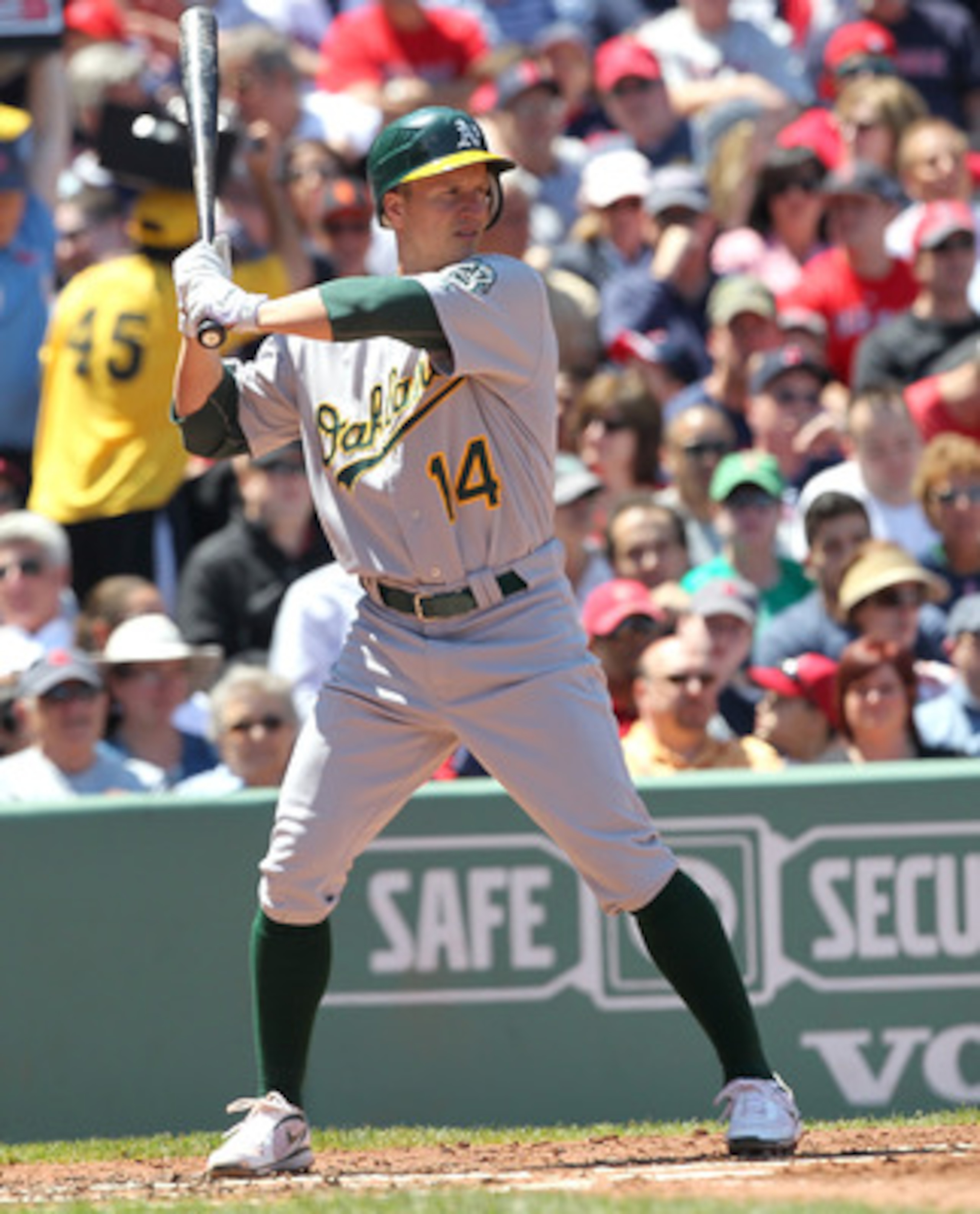 BOSTON, MA - JUNE 5:  Mark Ellis #14 of the Oakland Athletics bats against the Boston Red Sox at Fenway Park on June 5, 2011 in Boston, Massachusetts.  (Photo by Jim Rogash/Getty Images)