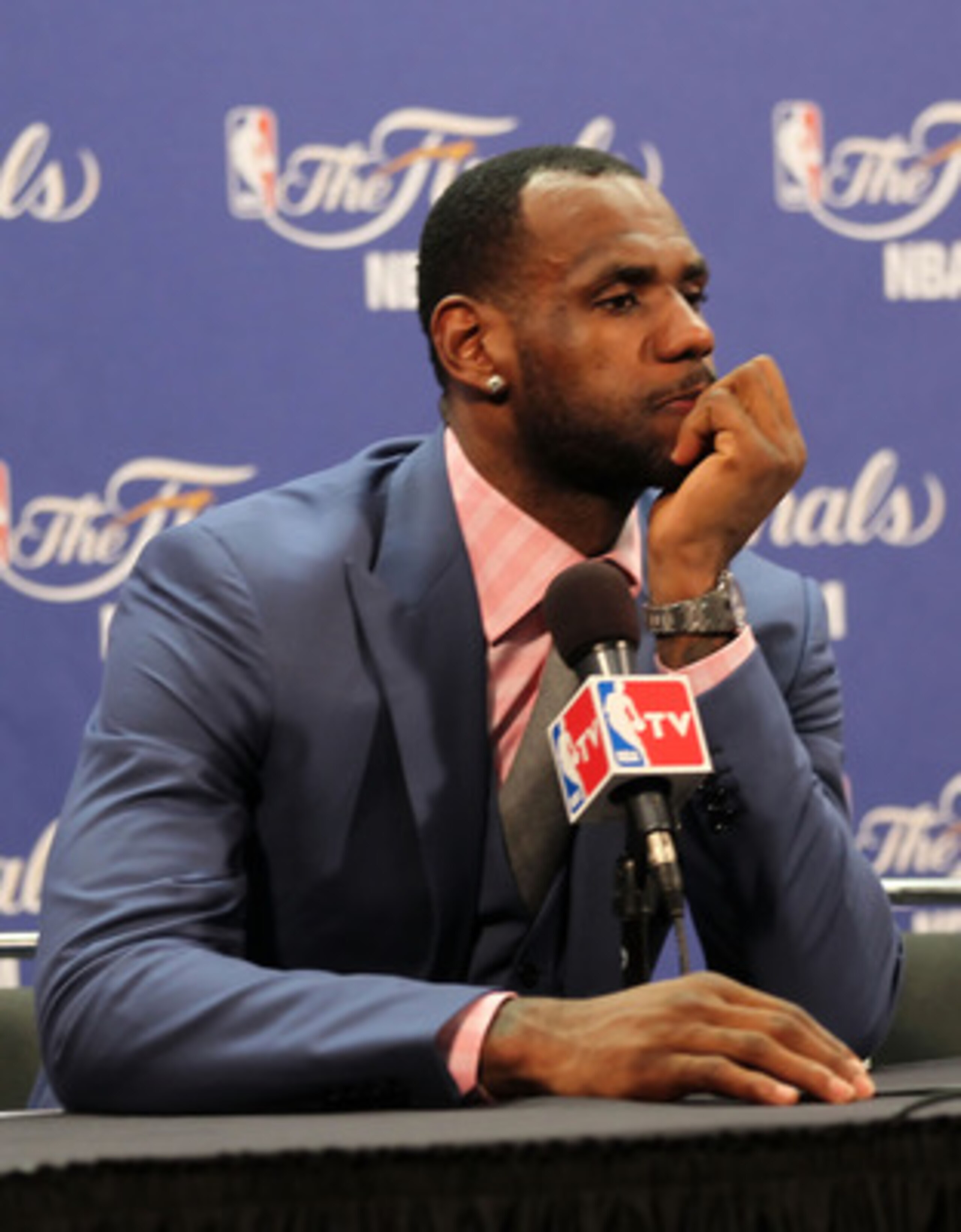 MIAMI, FL - JUNE 12:  LeBron James #6 of the Miami Heat answers questions after the Heat were defeated 105-95 by the Dallas Mavericks in Game Six of the 2011 NBA Finals at American Airlines Arena on June 12, 2011 in Miami, Florida. NOTE TO USER: User expr