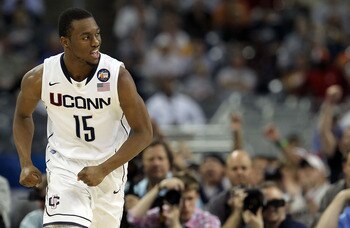 HOUSTON, TX - APRIL 04:  Kemba Walker #15 of the Connecticut Huskies reacts after a play against the Butler Bulldogs during the National Championship Game of the 2011 NCAA Division I Men's Basketball Tournament at Reliant Stadium on April 4, 2011 in Houst