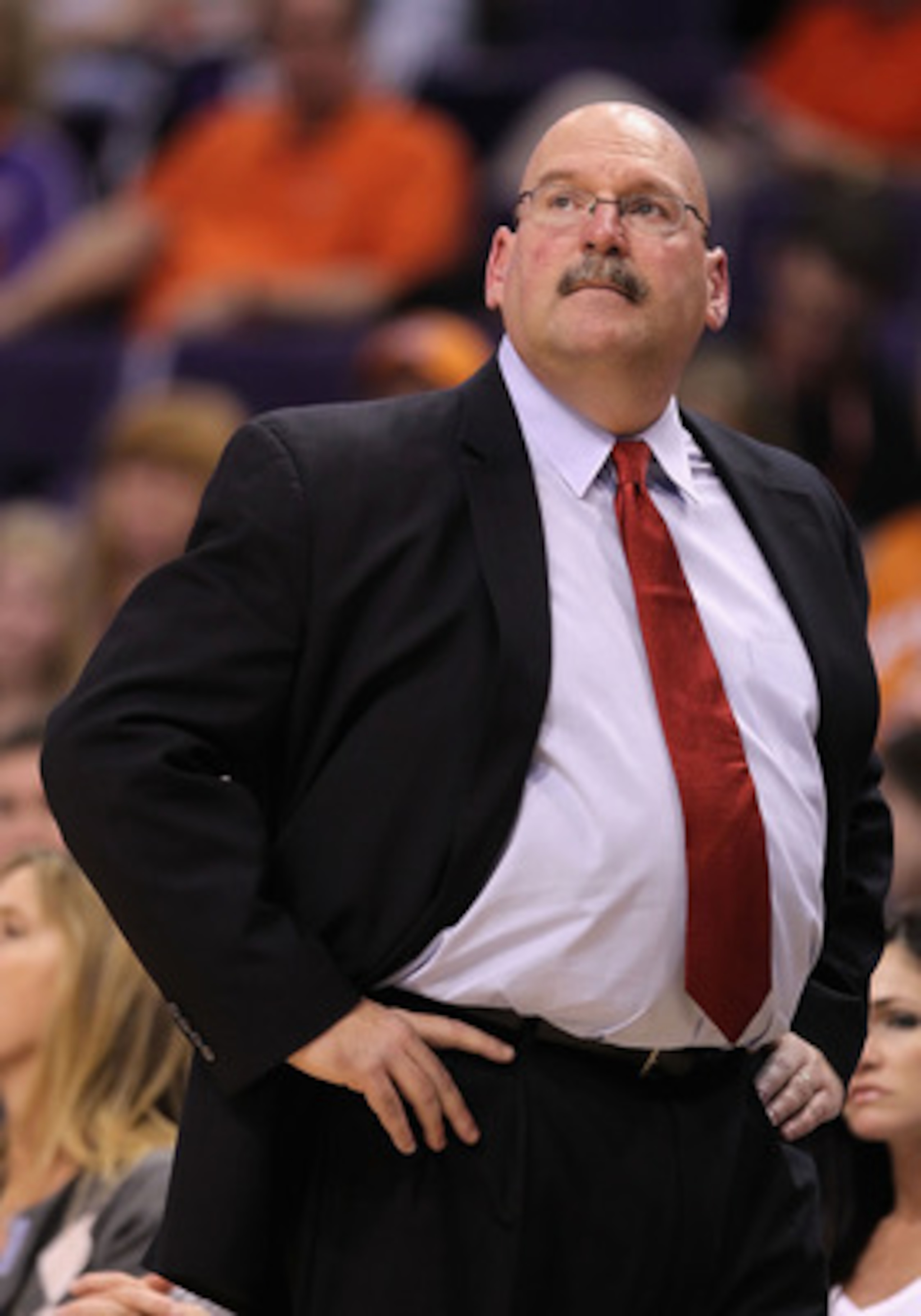 PHOENIX - MARCH 14: Head coach Jeff Bower of the New Orleans Hornets reacts during the NBA game against the Phoenix Suns at US Airways Center on March 14, 2010 in Phoenix, Arizona. The Suns defeated the Hornets 120-106. NOTE TO USER: User expressly ackn PHOENIX - MARCH 14: Head coach Jeff Bower of the New Orleans Hornets reacts during the NBA game against the Phoenix Suns at US Airways Center on March 14, 2010 in Phoenix, Arizona. The Suns defeated the Hornets 120-106. NOTE TO USER: User expressly ackn