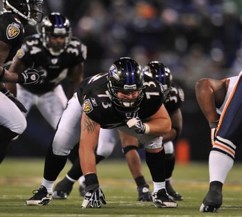 BALTIMORE - DECEMBER 20:  Marshal Yanda #73 of the Baltimore Ravens defends against the Chicago Bears at M&T Bank Stadium on December 20, 2009 in Baltimore, Maryland. The Ravens defeated the Bears 31-7. (Photo by Larry French/Getty Images)