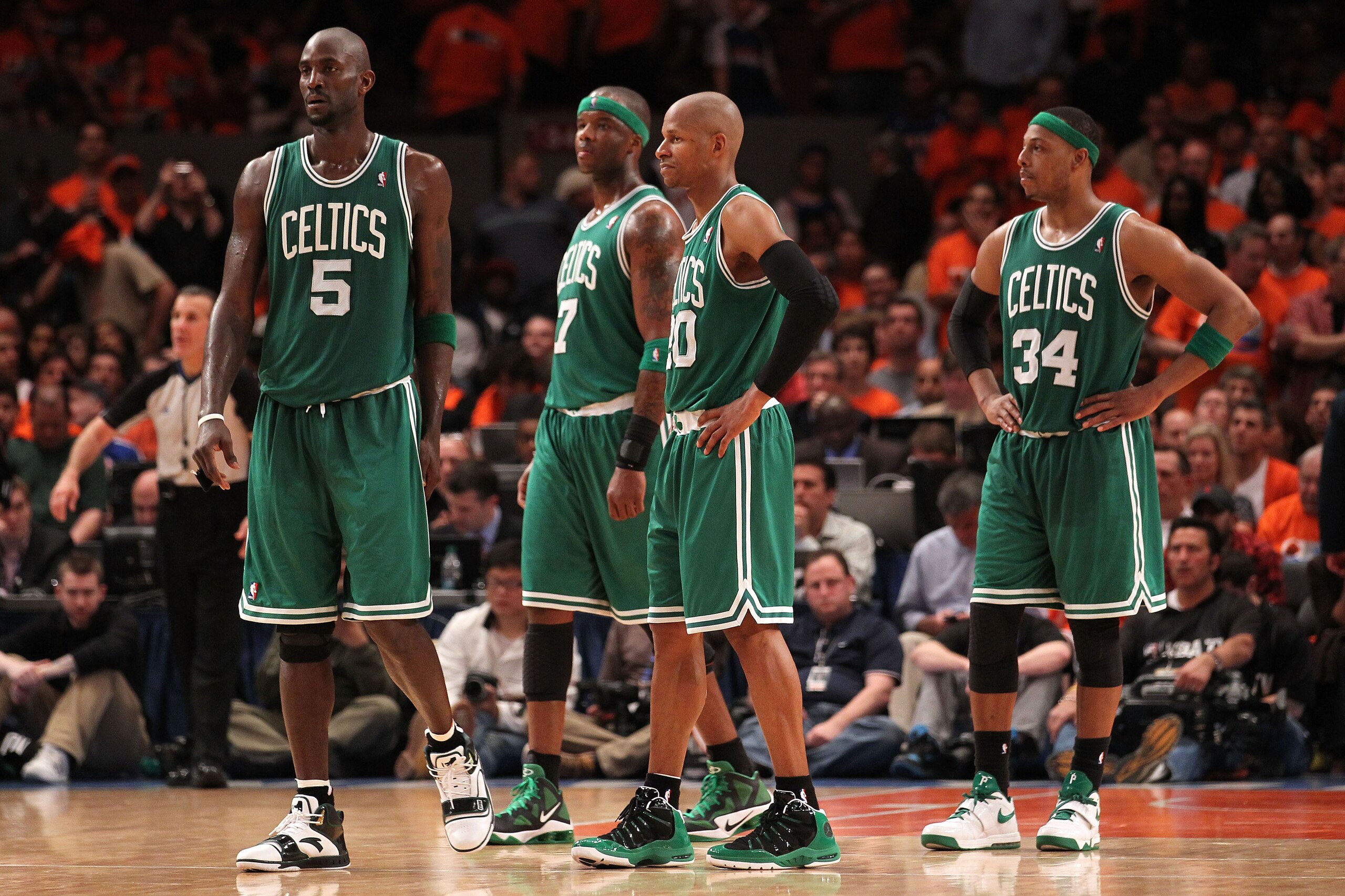 NEW YORK, NY - APRIL 24: (L-R) Kevin Garnett #5, Jermaine O'Neal #7, Ray Allen #20 and Paul Pierce #34 of the Boston Celtics look on against the New York Knicks in Game Four of the Eastern Conference Quarterfinals during the 2011 NBA Playoffs on April 24 NEW YORK, NY - APRIL 24: (L-R) Kevin Garnett #5, Jermaine O'Neal #7, Ray Allen #20 and Paul Pierce #34 of the Boston Celtics look on against the New York Knicks in Game Four of the Eastern Conference Quarterfinals during the 2011 NBA Playoffs on April 24