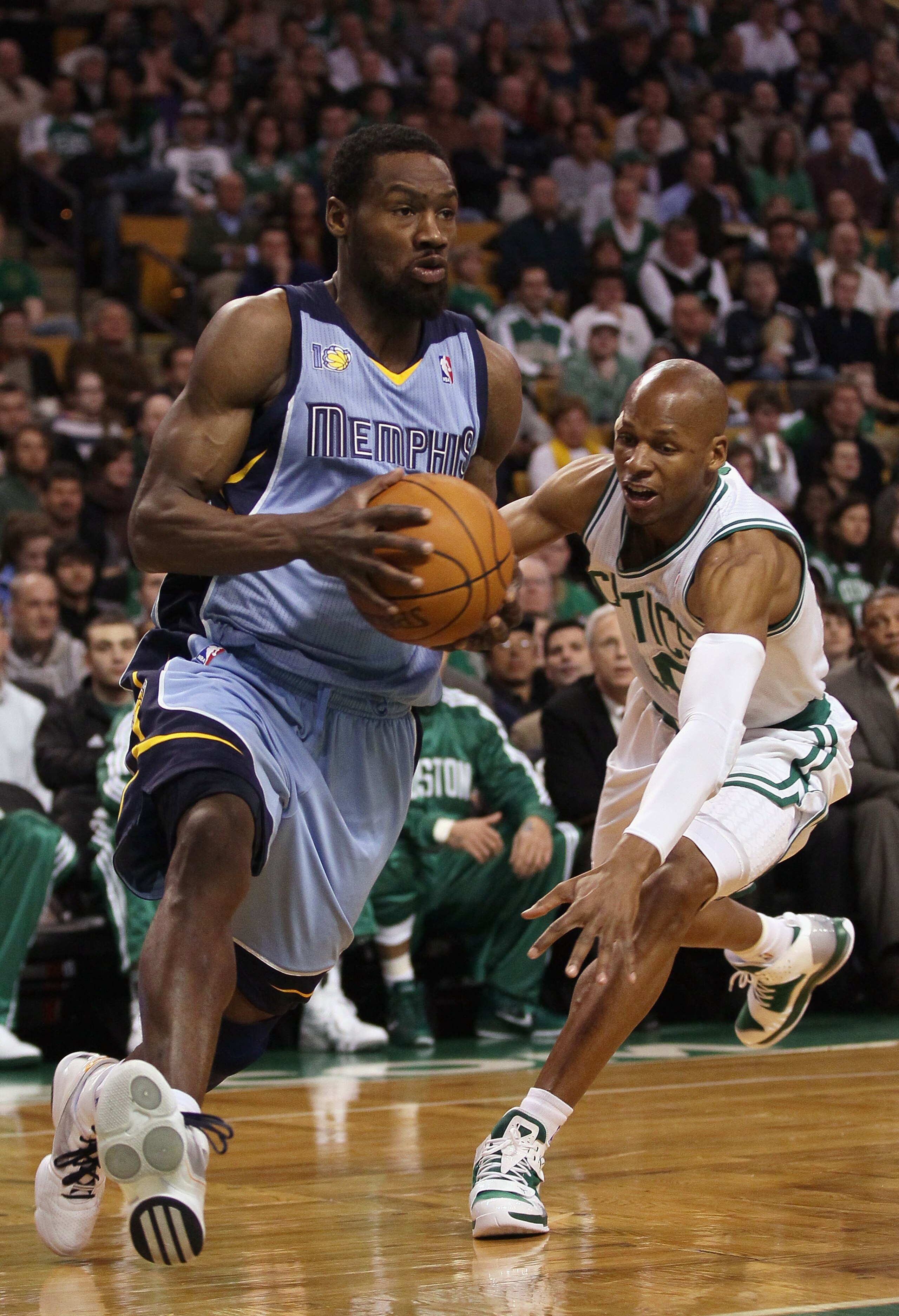 BOSTON, MA - MARCH 23: Tony Allen #9 of the Memphis Grizzlies heads for the net as Ray Allen #20 of the Boston Celtics defends on March 23, 2011 at the TD Garden in Boston, Massachusetts. NOTE TO USER: User expressly acknowledges and agrees that, by dow BOSTON, MA - MARCH 23: Tony Allen #9 of the Memphis Grizzlies heads for the net as Ray Allen #20 of the Boston Celtics defends on March 23, 2011 at the TD Garden in Boston, Massachusetts. NOTE TO USER: User expressly acknowledges and agrees that, by dow