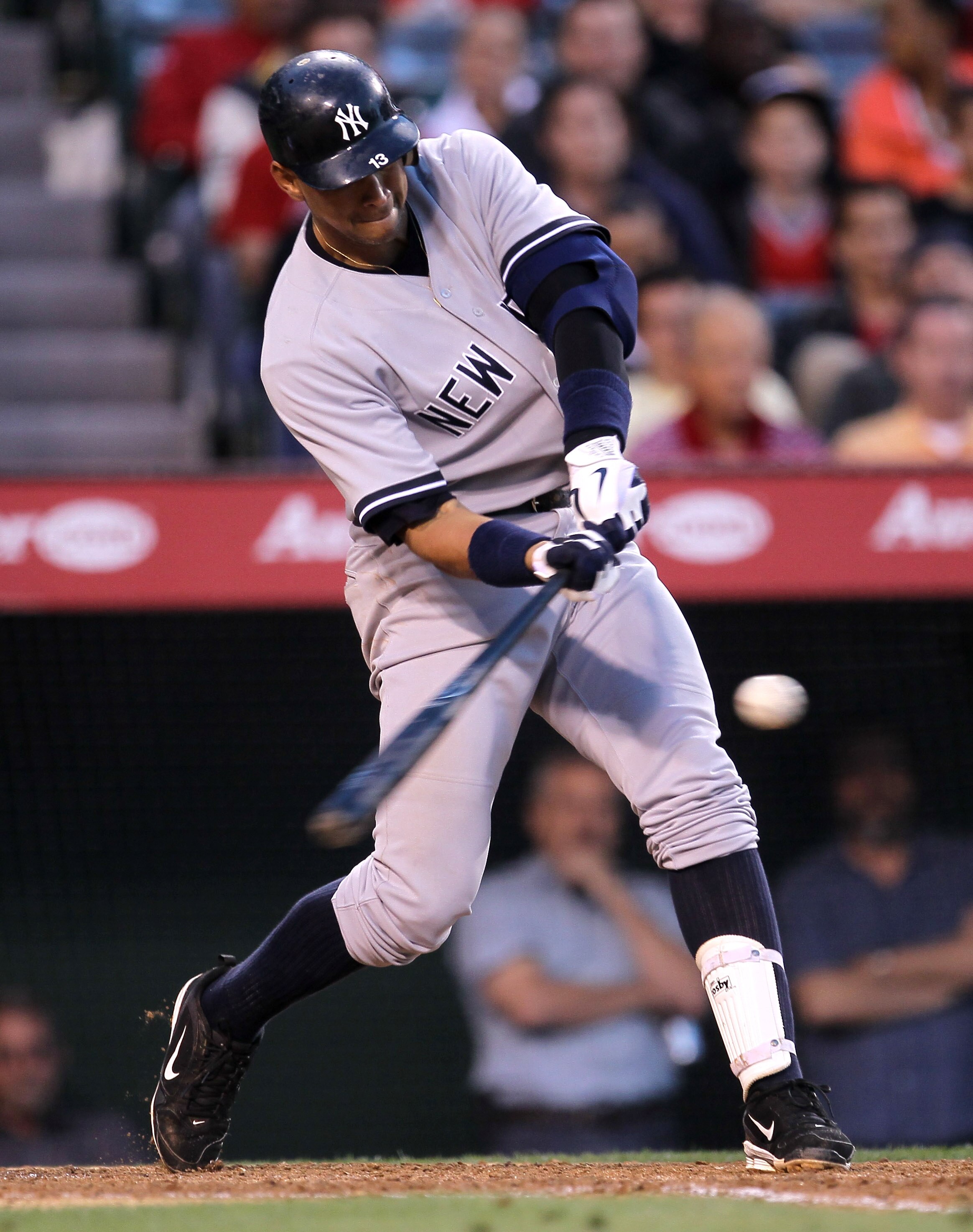 ANAHEIM, CA - JUNE 4: Alex Rodriguez #13 of the New York Yankees hits a two run home run in the sixth inning against the Los Angeles Angels of Anaheim on June 4, 2011 at Angel Stadium in Anaheim, California.   (Photo by Stephen Dunn/Getty Images)