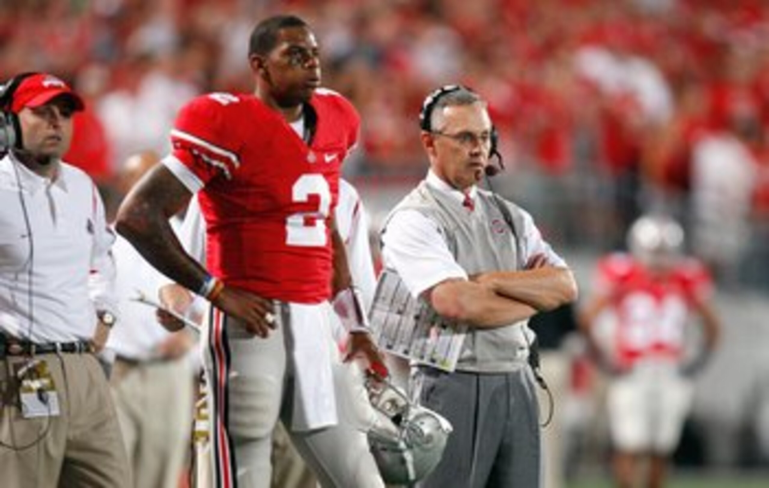 COLUMBUS, OH - SEPTEMBER 12:  Head coach Jim Tressel of the Ohio State Buckeyes and Terrelle Pryor #2 watch the action during the game against the Southern California Trojans on September 12, 2009 at Ohio Stadium in Columbus, Ohio. The Trojans defeated th