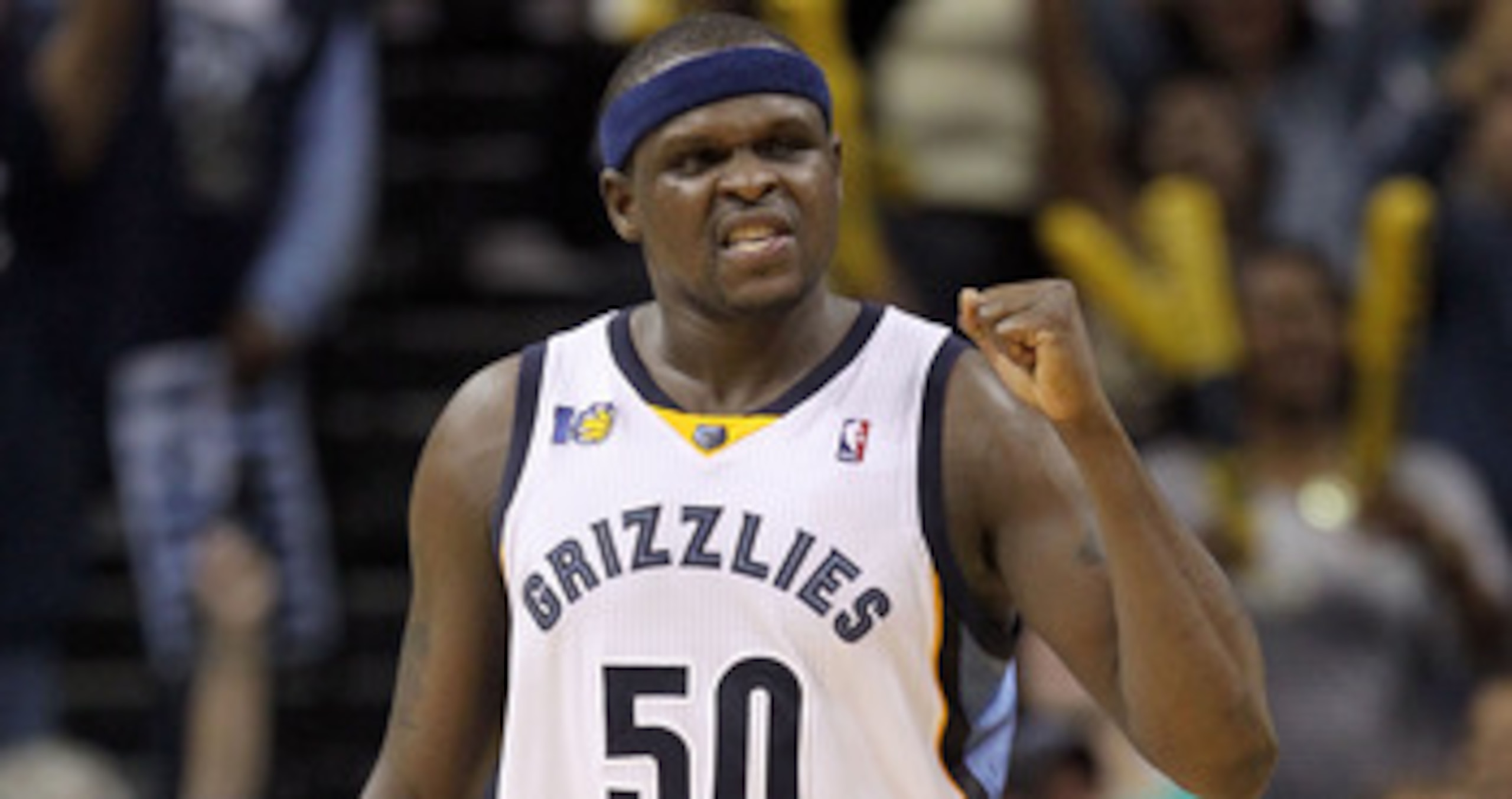 MEMPHIS, TN - APRIL 29:  Zach Randolph #50 of the Memphis Grizzlies celebrates during the Grizzlies 99-91 win over the San Antonio Spurs  in Game Six of the Western Conference Quarterfinals in the 2011 NBA Playoffs at FedExForum on April 29, 2011 in Memph