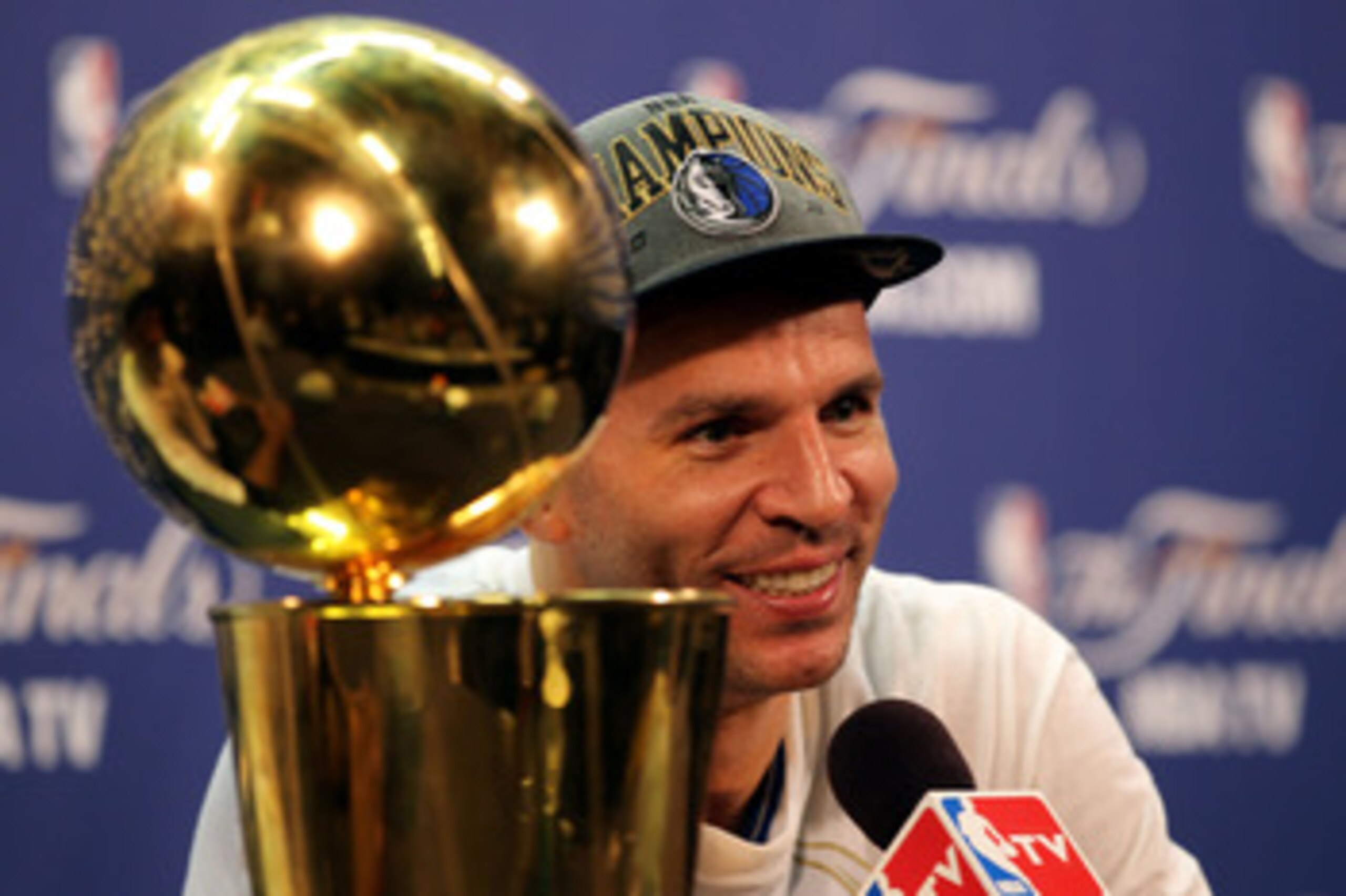 MIAMI, FL - JUNE 12:  Jason Kidd #2 of the Dallas Mavericks answers questions from the media at a post game news conference after the Mavericks won 105-95 against the Miami Heat in Game Six of the 2011 NBA Finals at American Airlines Arena on June 12, 201