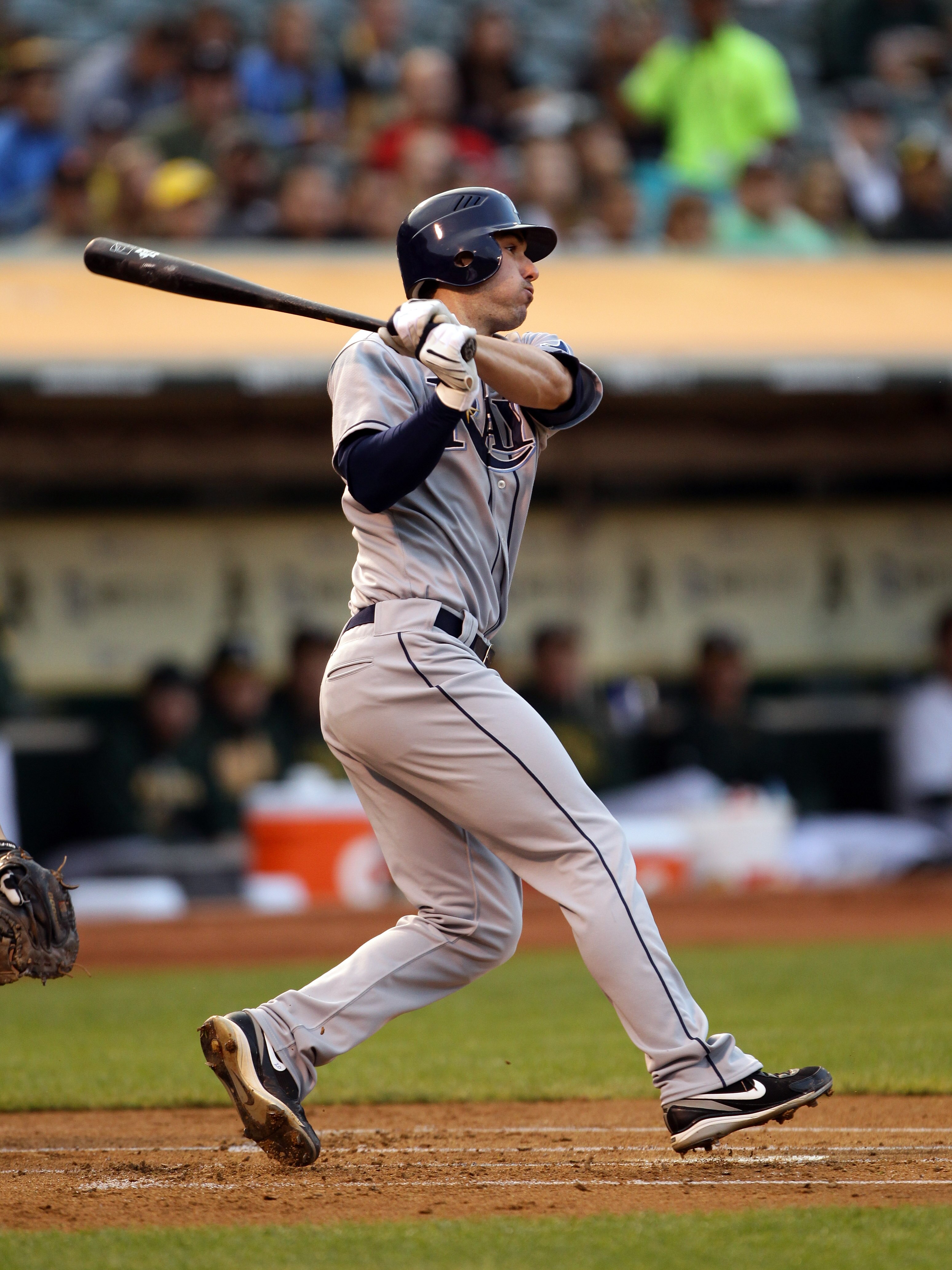OAKLAND, CA - AUGUST 20:  Matt Joyce #20 of the Tampa Bay Rays hits a single to score two runs in the first inning against the Oakland Athletics at the Oakland-Alameda County Coliseum  on August 20, 2010 in Oakland, California.  (Photo by Ezra Shaw/Getty