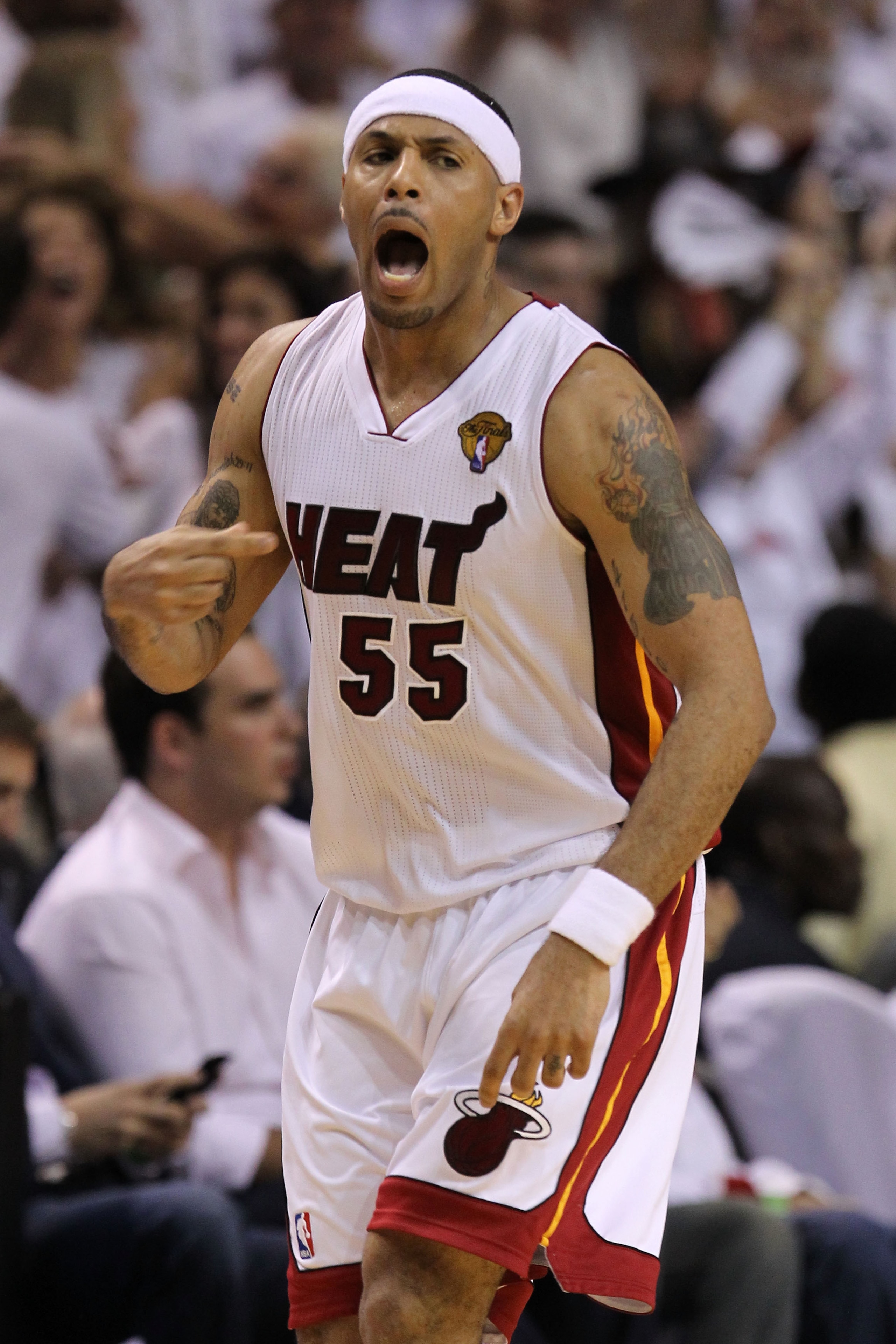 MIAMI, FL - JUNE 12:  Eddie House #55 of the Miami Heat celebrates on court after he made a shot in the first half against the Dallas Mavericks in Game Six of the 2011 NBA Finals at American Airlines Arena on June 12, 2011 in Miami, Florida. NOTE TO USER: