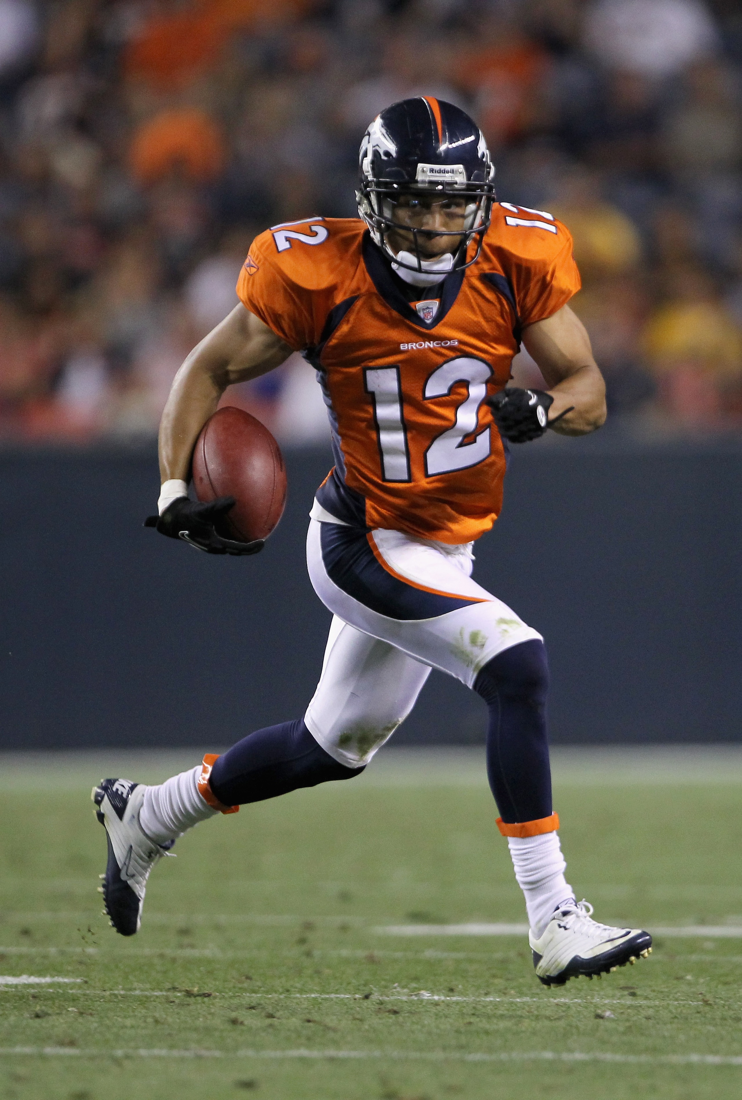 DENVER - AUGUST 21:  Wide receiver Matthew Willis #12 of the Denver Broncos makes a reception against the Detroit Lions during preseason NFL action at INVESCO Field at Mile High on August 21, 2010 in Denver, Colorado. The Lions defeated the Broncos 25-20.