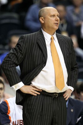NASHVILLE, TN - MARCH 11:  Head coach Jeff Lebo of the Auburn Tigers looks on as he coaches against the Florida Gators during the first round of the SEC Men's Basketball Tournament at the Bridgestone Arena on March 11, 2010 in Nashville, Tennessee.  (Phot