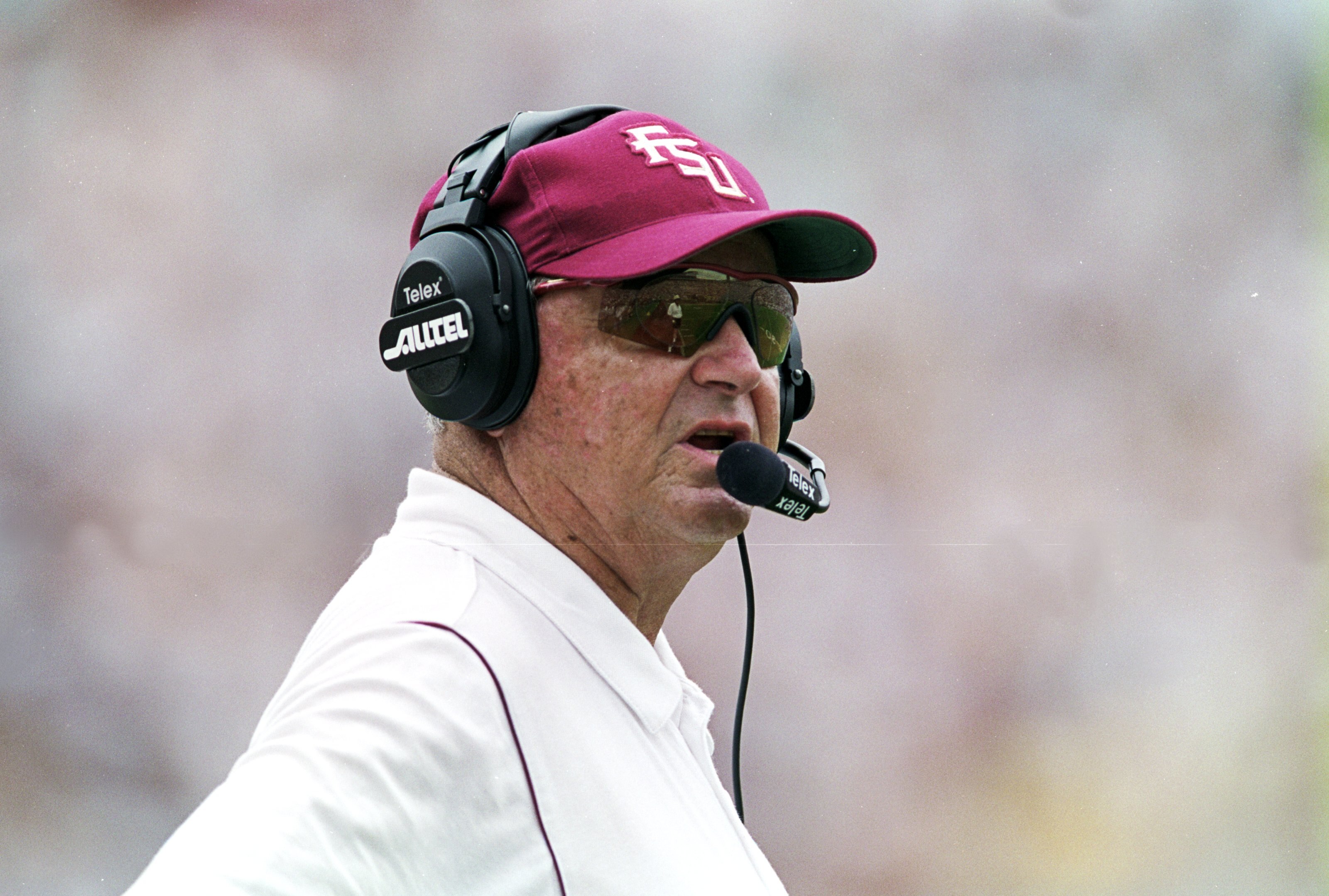 9 Oct 1999:  A close up of coach Bobby Bowden of the Florida State Seminoles as he looks on during the game against the Miami Hurricanes at the Doak Campbell Stadium in Tallahassee, Florida. The Seminoles defeated the Hurricanes 31-21. Mandatory Credit: A