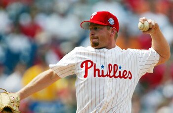 PHILADELPHIA - APRIL 18:    Starting pitcher Randy Wolf #43 of the Philadelphia Phillies pitches against the Montreal Expos during the game at Citizens Bank Park on April 18, 2004 in Philadelphia, Pennsylvania.  (Photo by Jamie Squire/Getty Images)