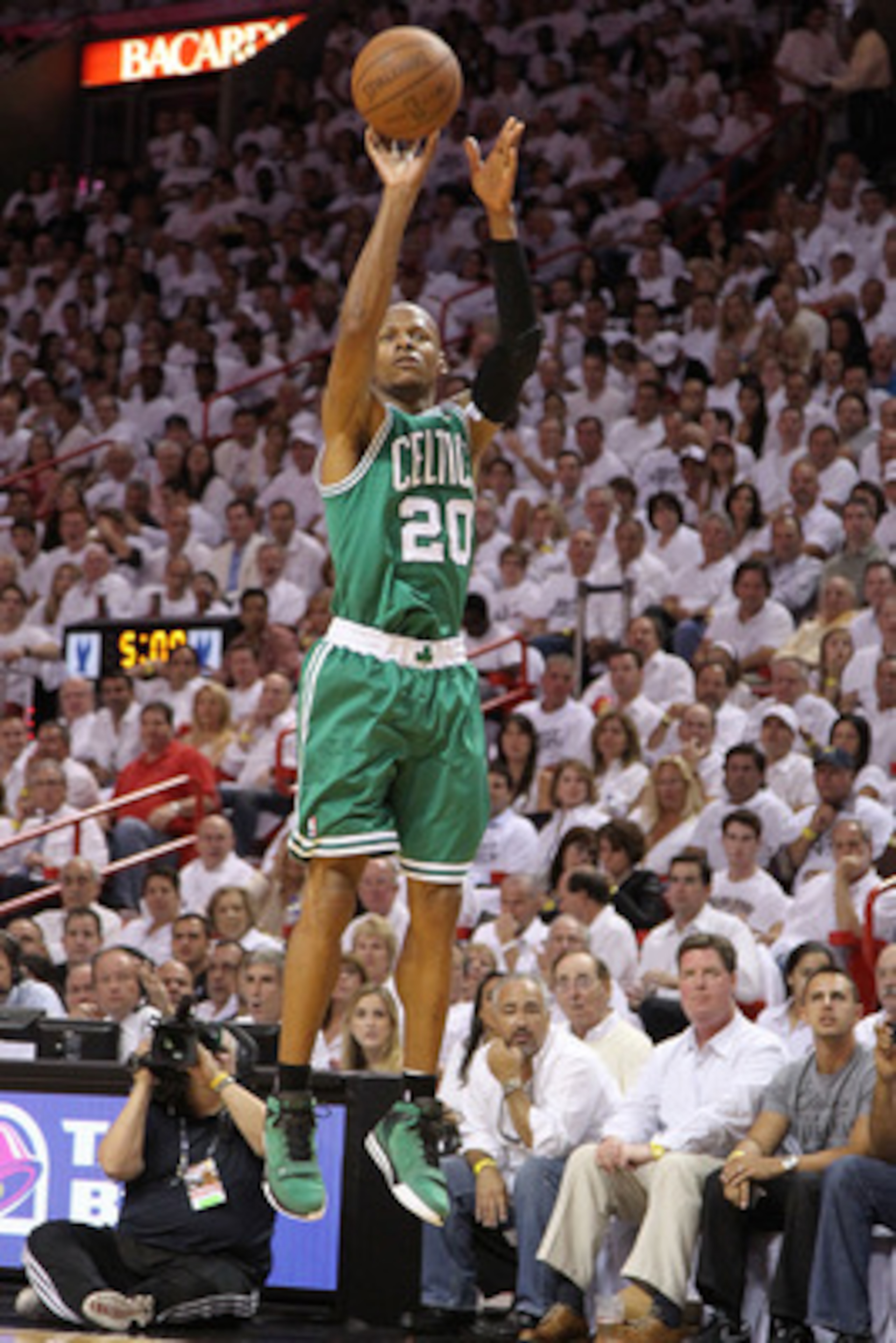 MIAMI, FL - MAY 11: Ray Allen #20 of the Boston Celtics shoots a jump shot during Game Five of the Eastern Conference Semifinals of the 2011 NBA Playoffs against the Miami Heat at American Airlines Arena on May 11, 2011 in Miami, Florida. NOTE TO USER: Us MIAMI, FL - MAY 11: Ray Allen #20 of the Boston Celtics shoots a jump shot during Game Five of the Eastern Conference Semifinals of the 2011 NBA Playoffs against the Miami Heat at American Airlines Arena on May 11, 2011 in Miami, Florida. NOTE TO USER: Us