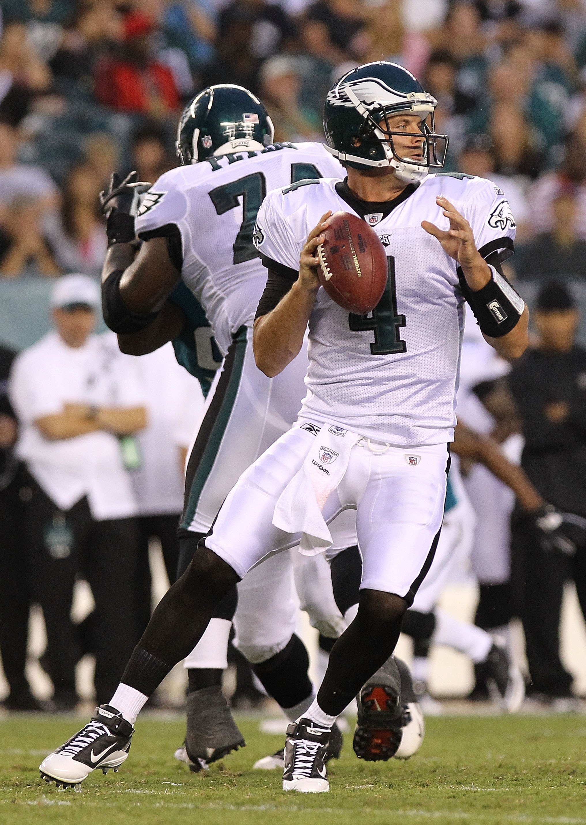 PHILADELPHIA - AUGUST 13:  Kevin Kolb #4 of the Philadelphia Eagles drops back to pass against the Jacksonville Jaguars during their preseason game at Lincoln Financial Field on August 13, 2010 in Philadelphia, Pennsylvania.  (Photo by Nick Laham/Getty Im