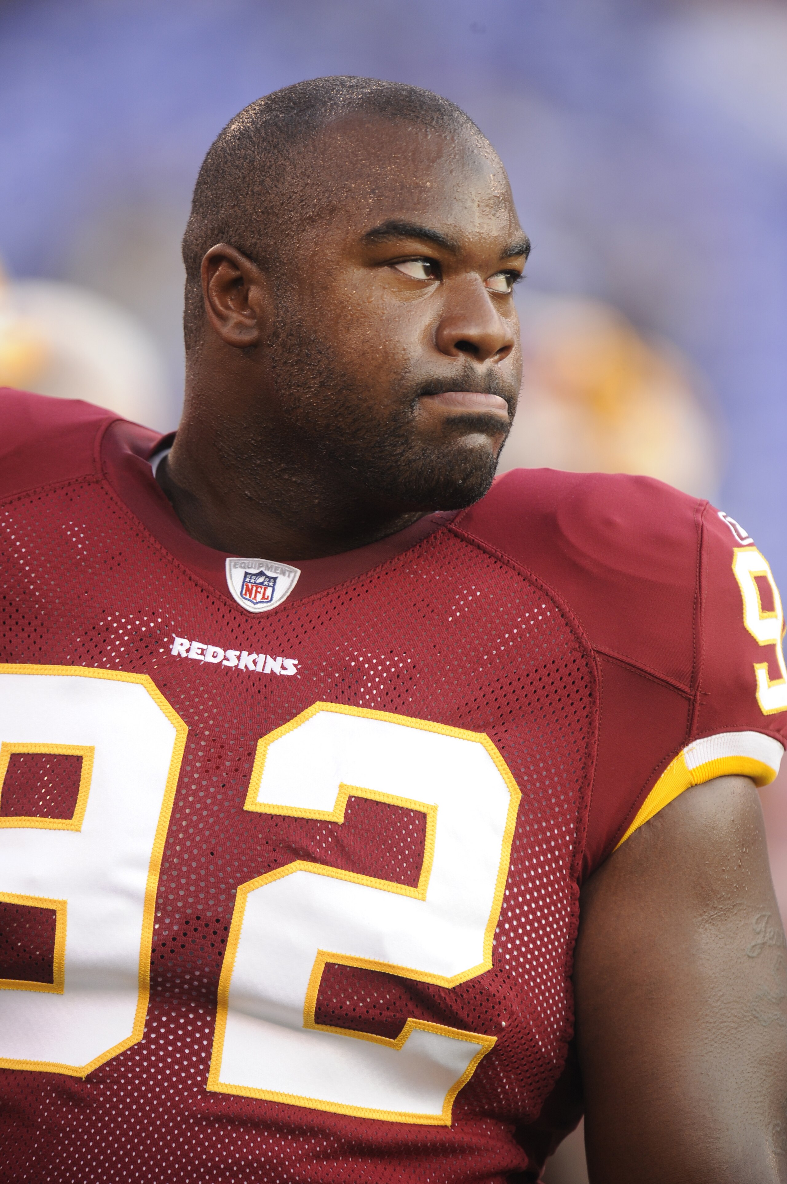BALTIMORE, MD - AUGUST 13:  Albert Haynesworth #92 of the Washington Redskins looks on before a NFL preseason football game against the Baltimore Ravens on August 13, 2009 at M & T Bank Stadium in Baltimore, Maryland.   (Photo by Mitchell Layton/Getty Ima