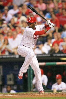 PHILADELPHIA - JUNE 8: Right fielder Domonic Brown #9 of the Philadelphia Phillies bats during a game against the Los Angeles Dodgers at Citizens Bank Park on June 8, 2011 in Philadelphia, Pennsylvania. The Phillies won 2-0. (Photo by Hunter Martin/Getty 