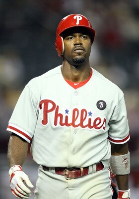 PHOENIX, AZ - APRIL 26:  Jimmy Rollins #11 of the Philadelphia Phillies reacts after striking out against the Arizona Diamondbacks during the Major League Baseball game at Chase Field on April 26, 2011 in Phoenix, Arizona. The Diamondbacks defeated the Ph