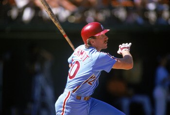 SAN DIEGO - 1987:  Mike Schmidt #20 of the Philadelphia Phillies watches the flight of the ball after a hit during a 1987 season game against the Padres at Jack Murphy Stadium in San Diego, California. (Photo by Stephen Dunn/Getty Images)