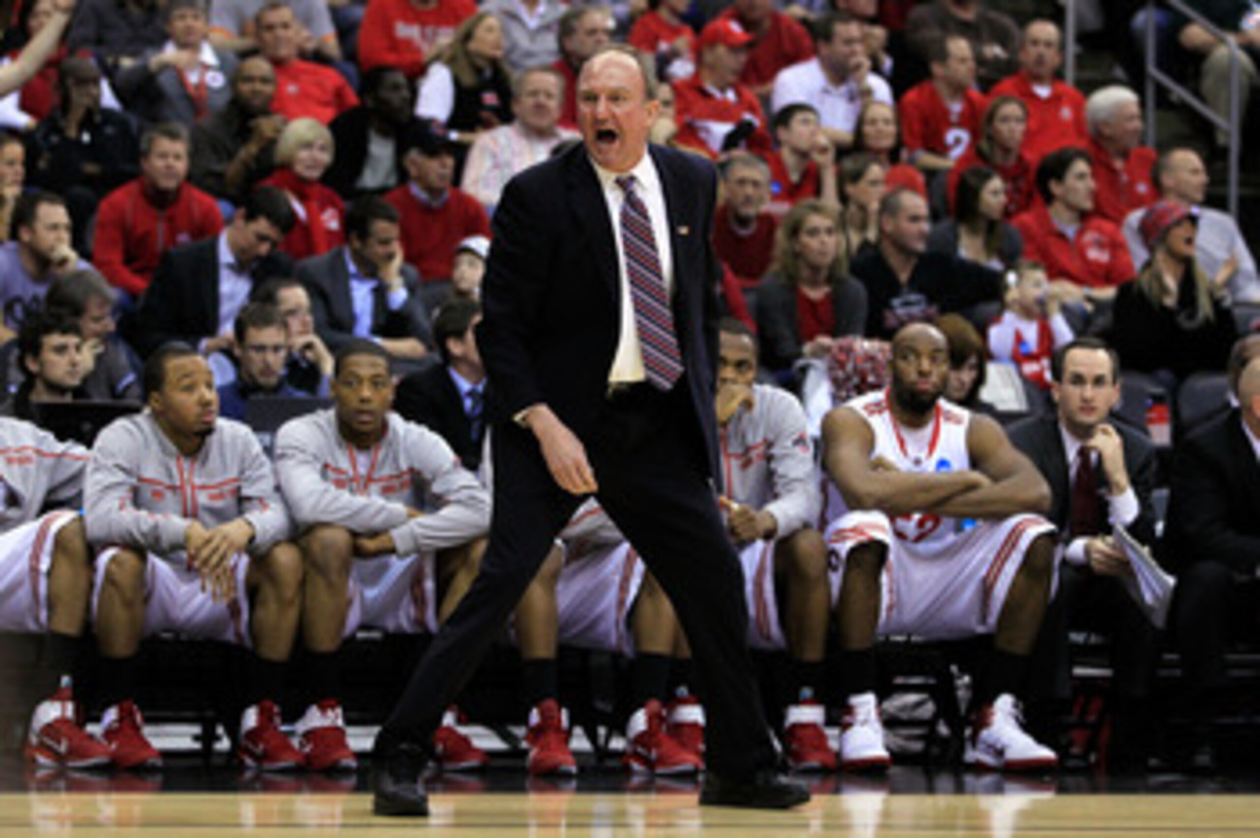 NEWARK, NJ - MARCH 25:  head coach Thad Matta of the Ohio State Buckeyes stands on the court during the first half of the game against the Kentucky Wildcats in the east regional semifinal of the 2011 NCAA Men's Basketball Tournament at the Prudential Cent