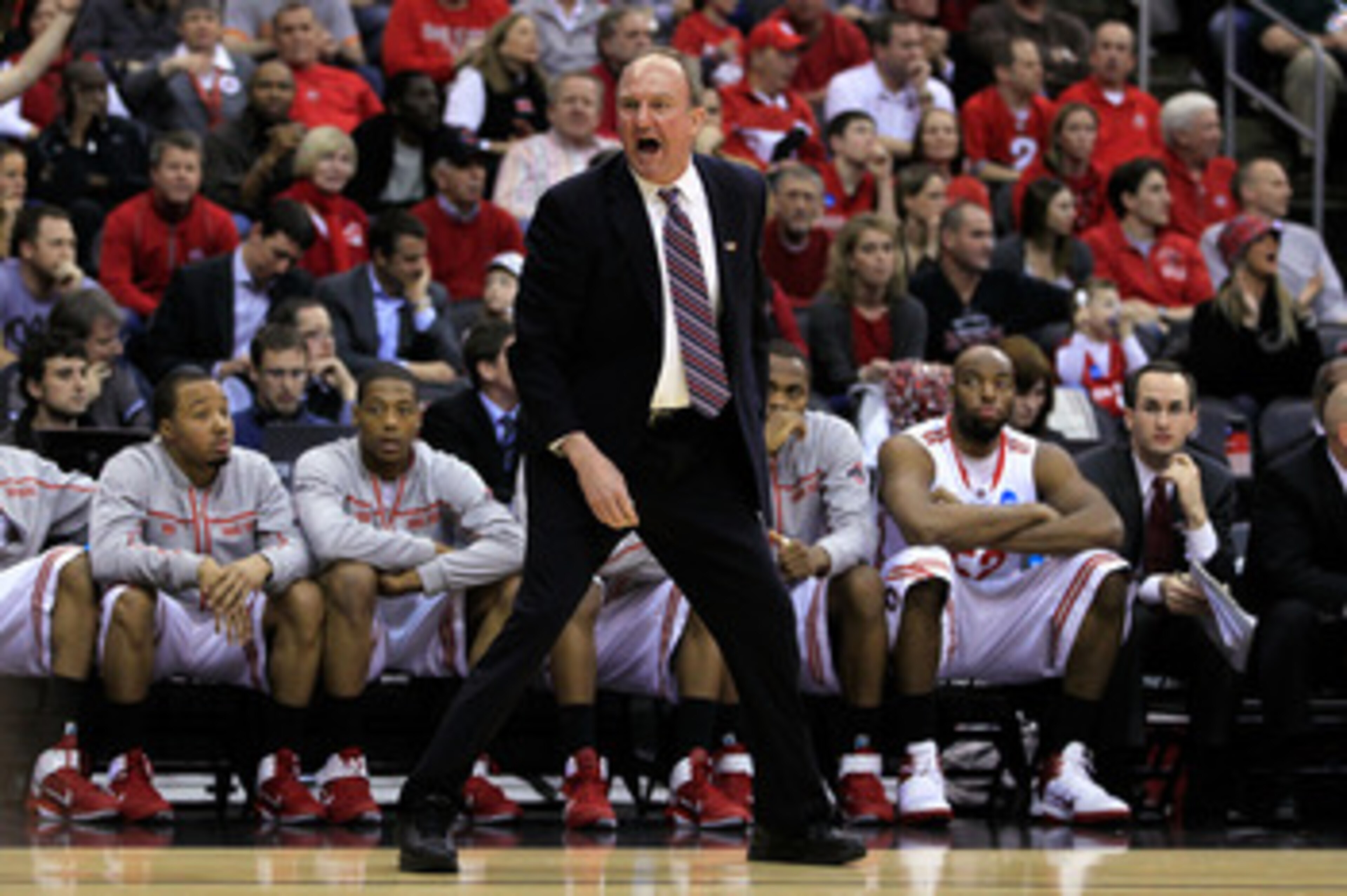 NEWARK, NJ - MARCH 25:  head coach Thad Matta of the Ohio State Buckeyes stands on the court during the first half of the game against the Kentucky Wildcats in the east regional semifinal of the 2011 NCAA Men's Basketball Tournament at the Prudential Cent
