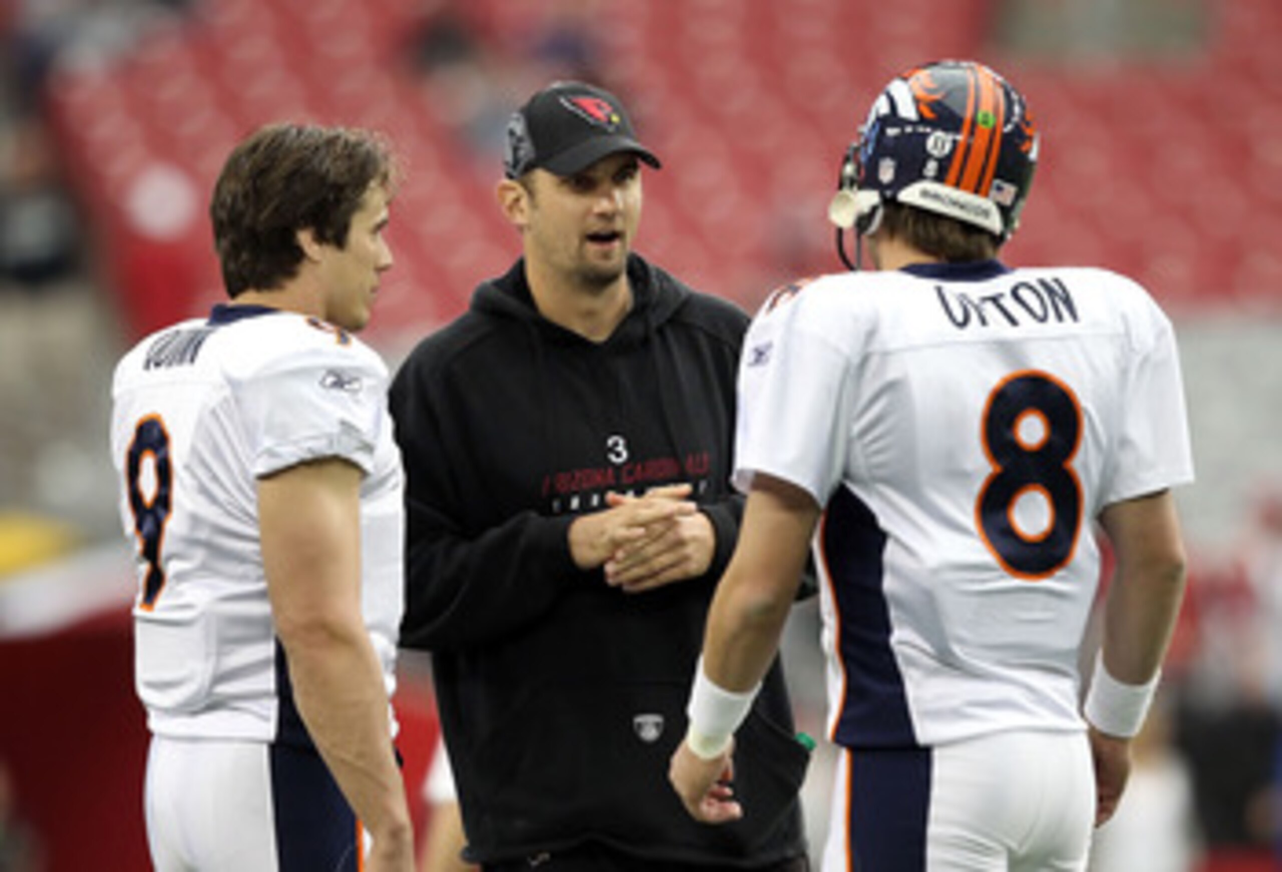 GLENDALE, AZ - DECEMBER 12:  Quarterbacks Derek Anderson #3 of the Arizona Cardinals talks with Kyle Orton #8 of the Denver Broncos before the NFL game at the University of Phoenix Stadium on December 12, 2010 in Glendale, Arizona. The Cardinals defeated 