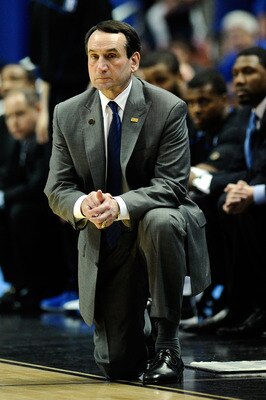 ANAHEIM, CA - MARCH 24:  Head coach Mike Krzyzewski of the Duke Blue Devils looks on from the sidelines during the west regional semifinal of the 2011 NCAA men's basketball tournament at the Honda Center on March 24, 2011 in Anaheim, California.  (Photo b